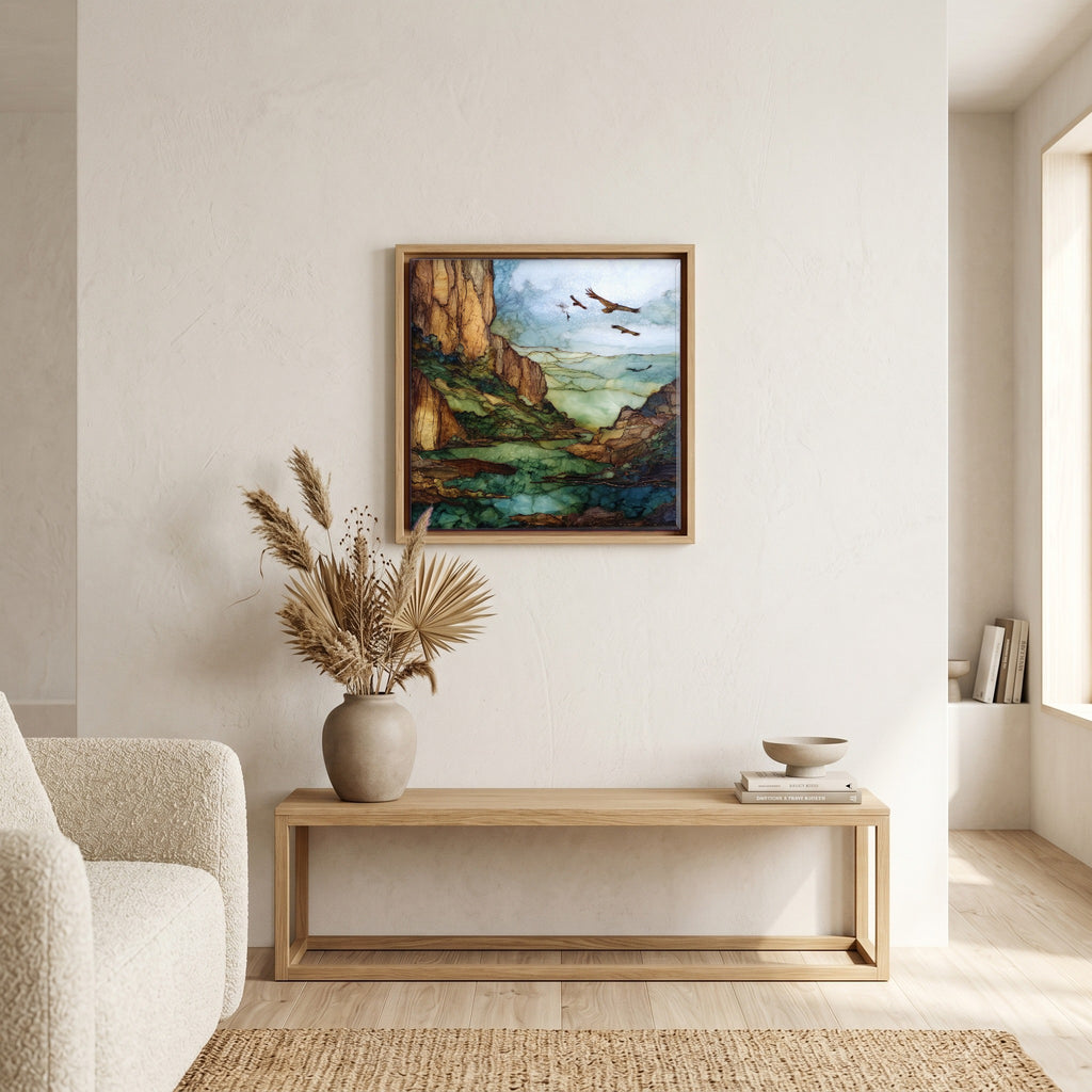In the living room, above the sofa.