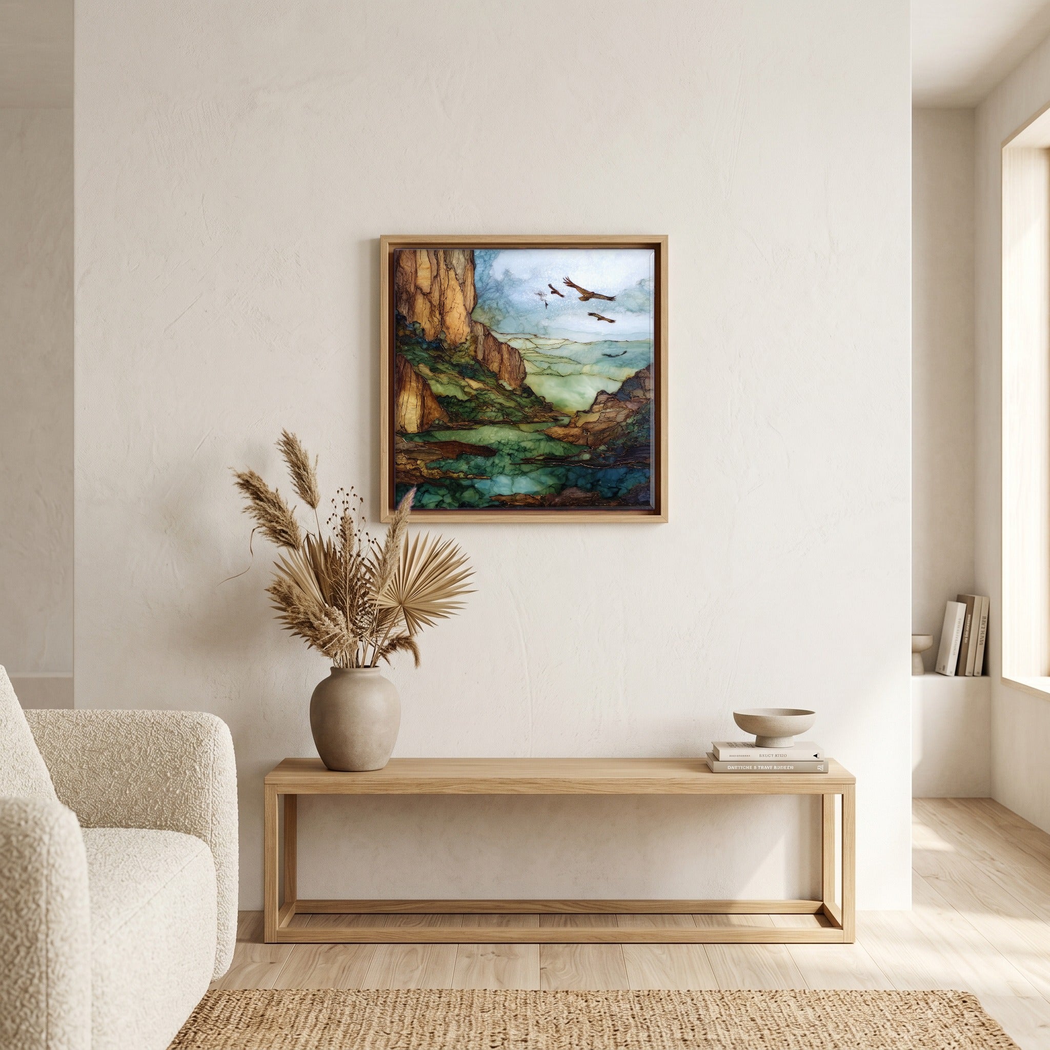 In the living room, above the sofa.