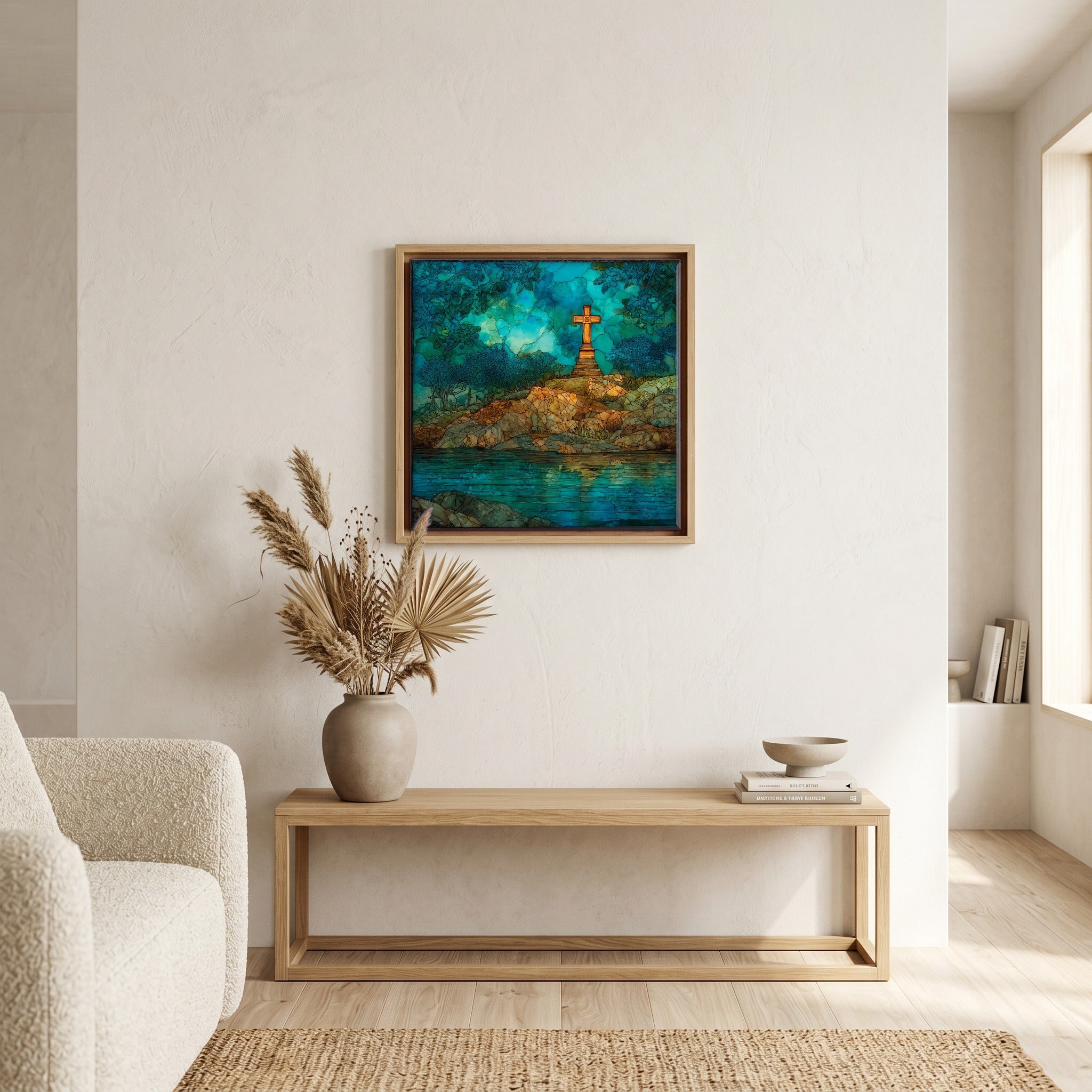 In the living room, above the sofa.