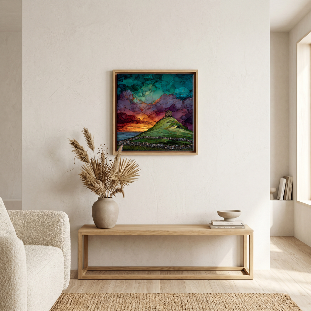 Above the bench, in a warm oak surround.