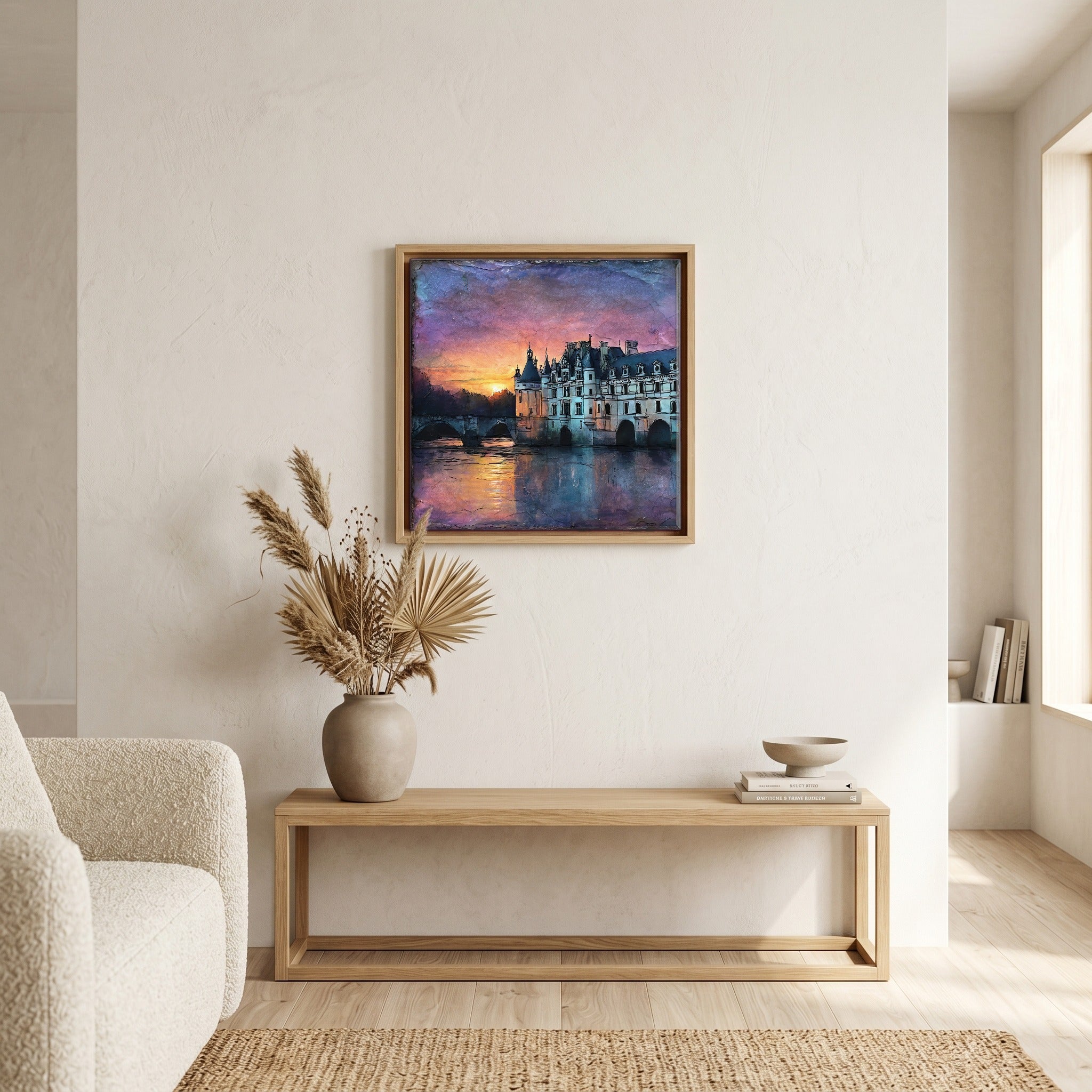 Above the bench, in a warm oak surround.