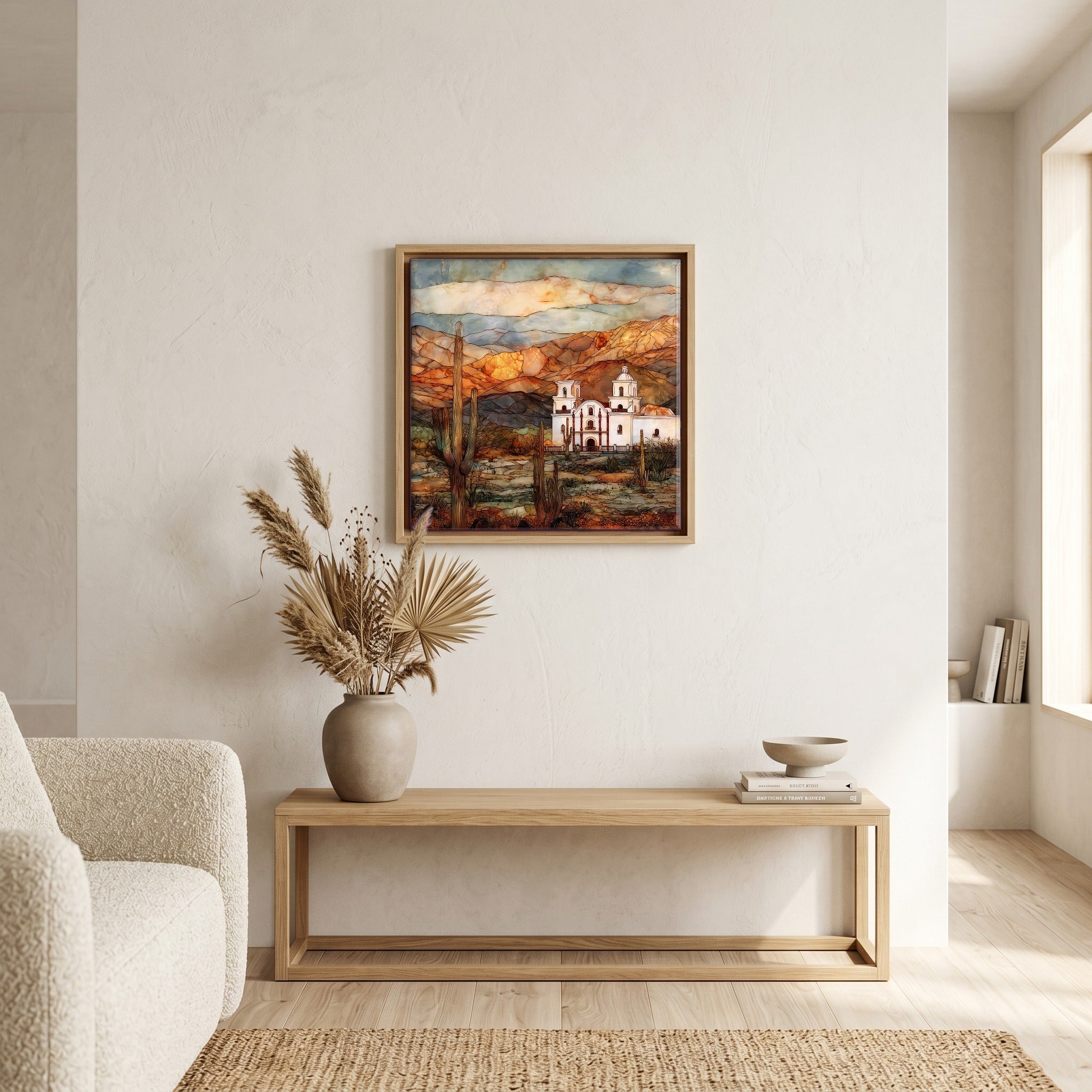 In the living room, above the sofa.