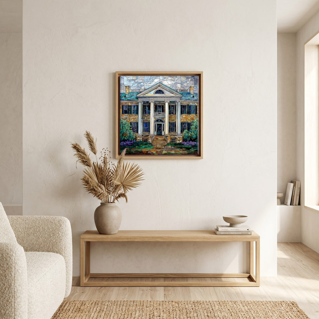In the living room, above the sofa.