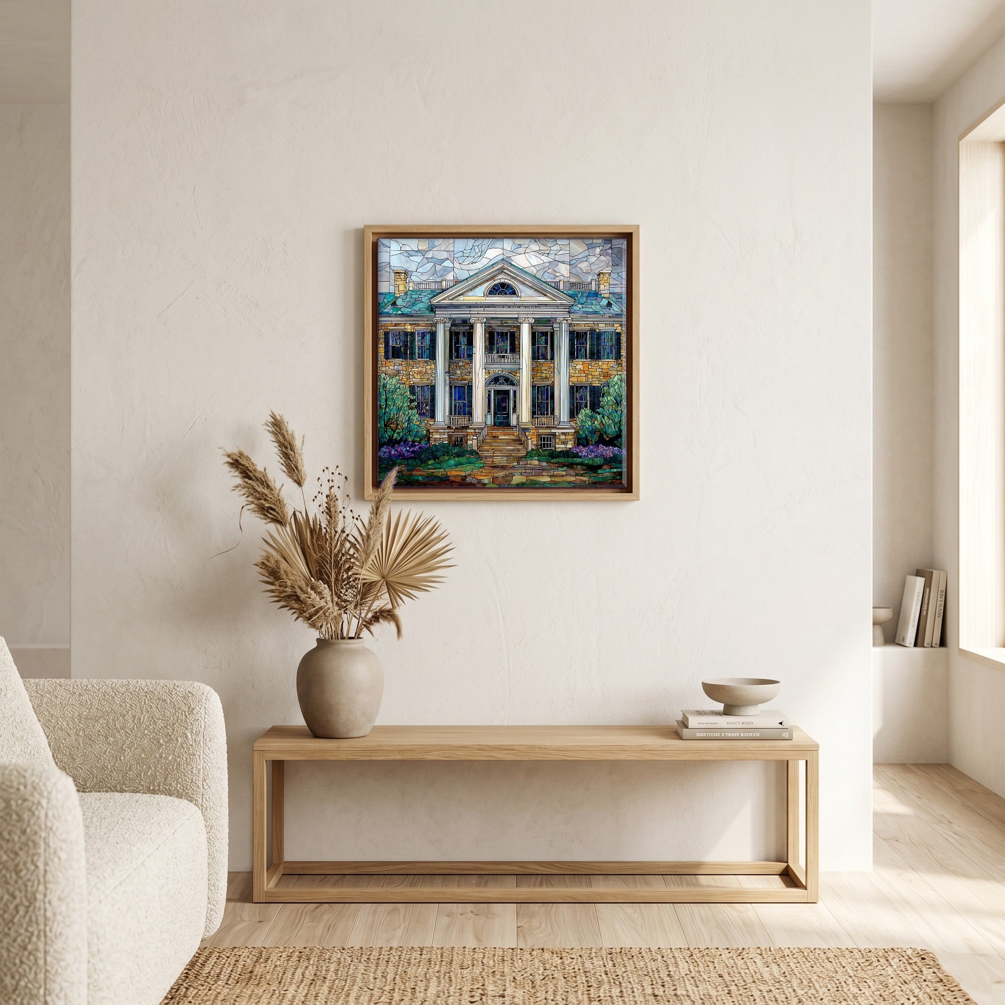 In the living room, above the sofa.