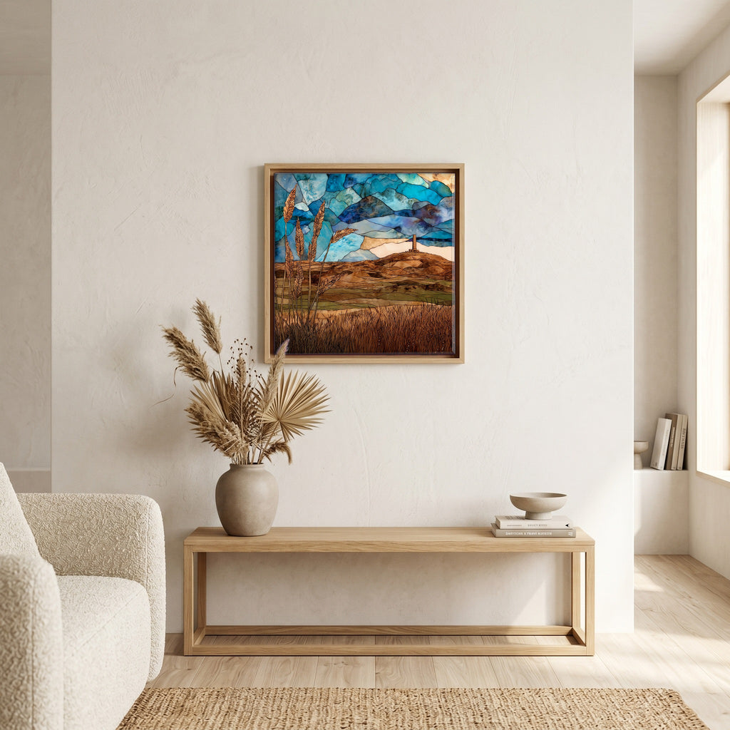 In the living room, above the sofa.