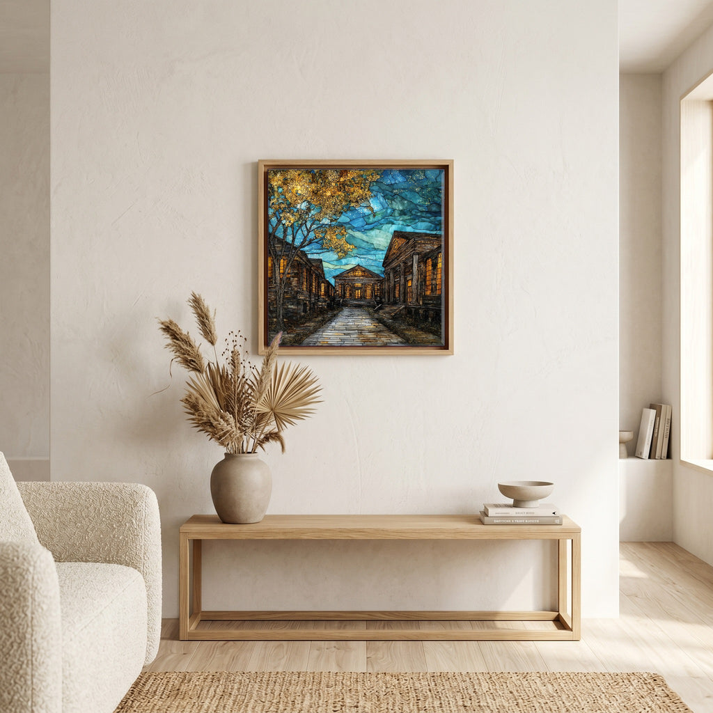 In the living room, above the sofa.