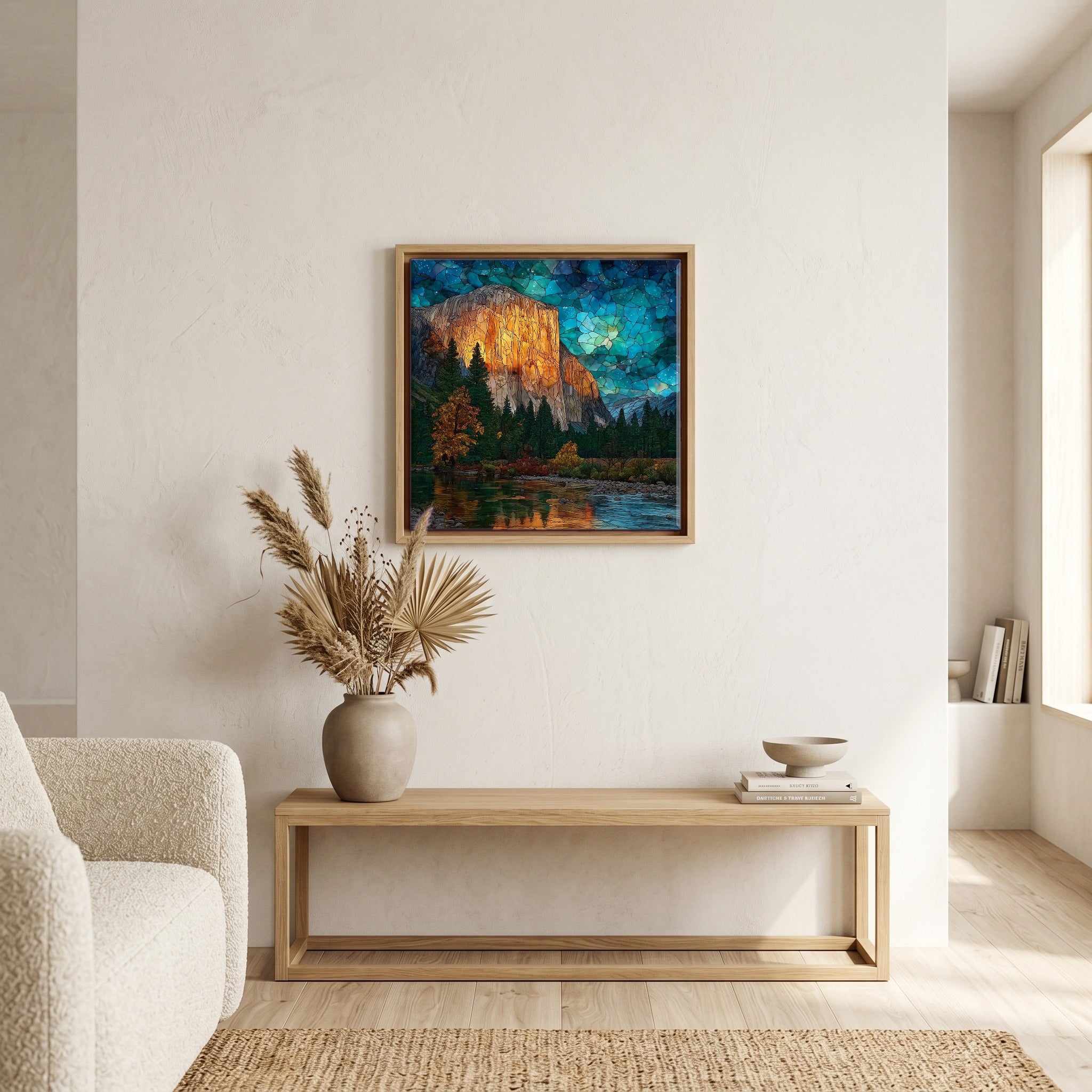 In the living room, above the sofa.