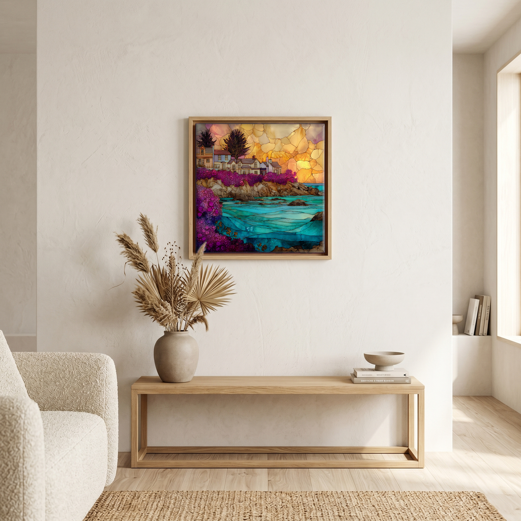 Above the bench, in a warm oak surround.