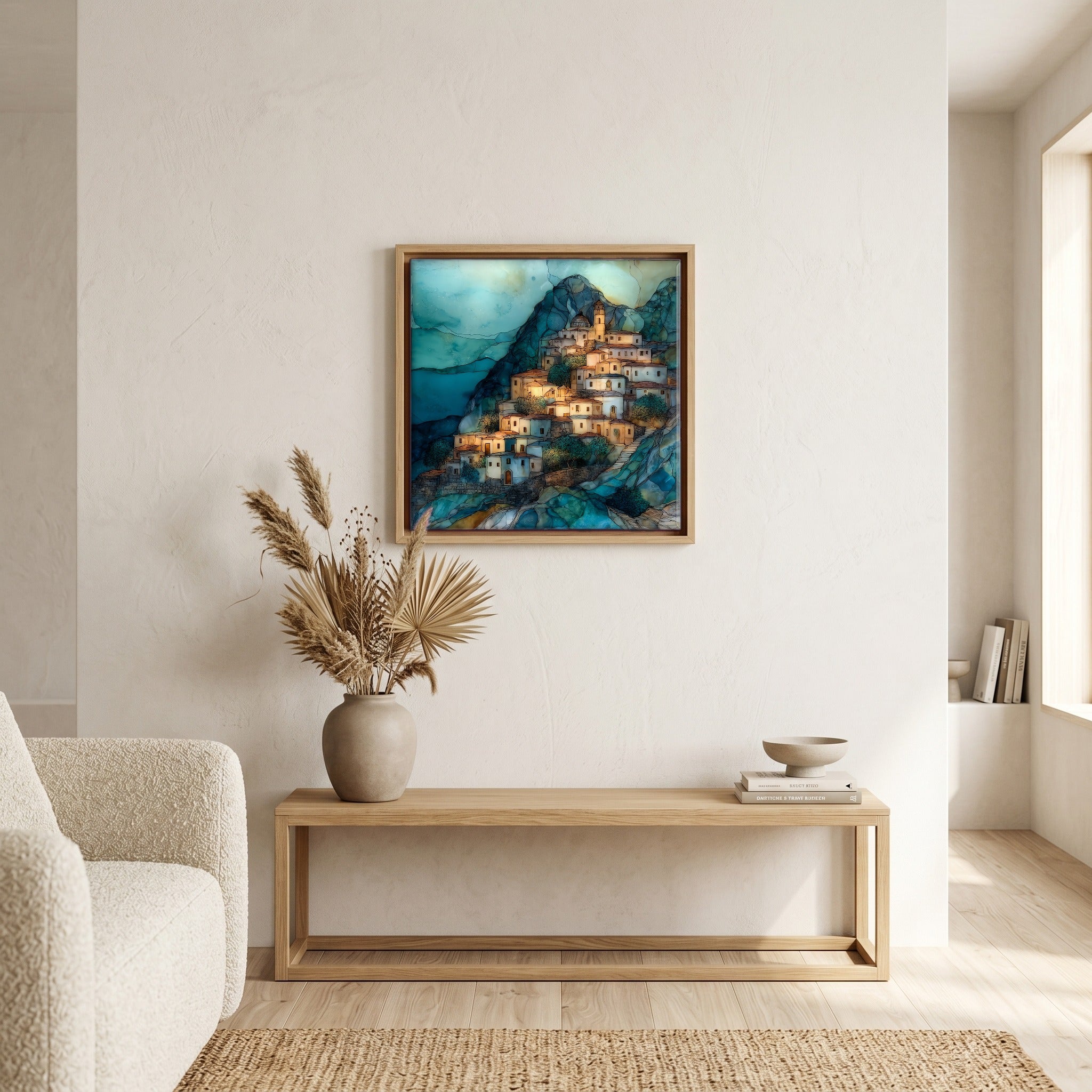In the living room, above the sofa.