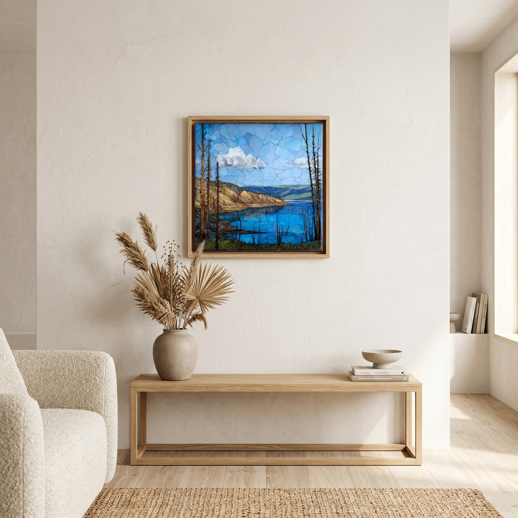 In the living room, above the sofa.