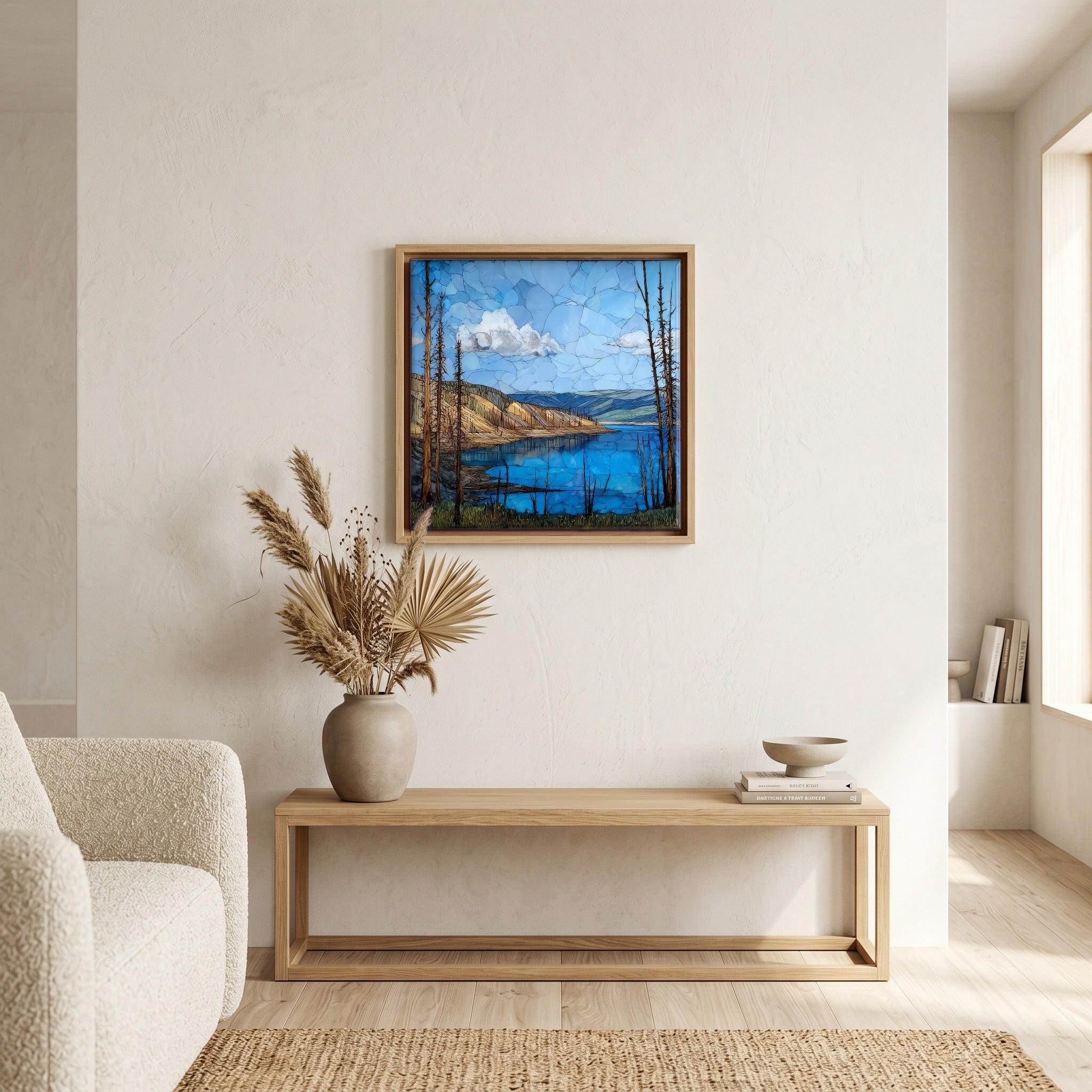 In the living room, above the sofa.