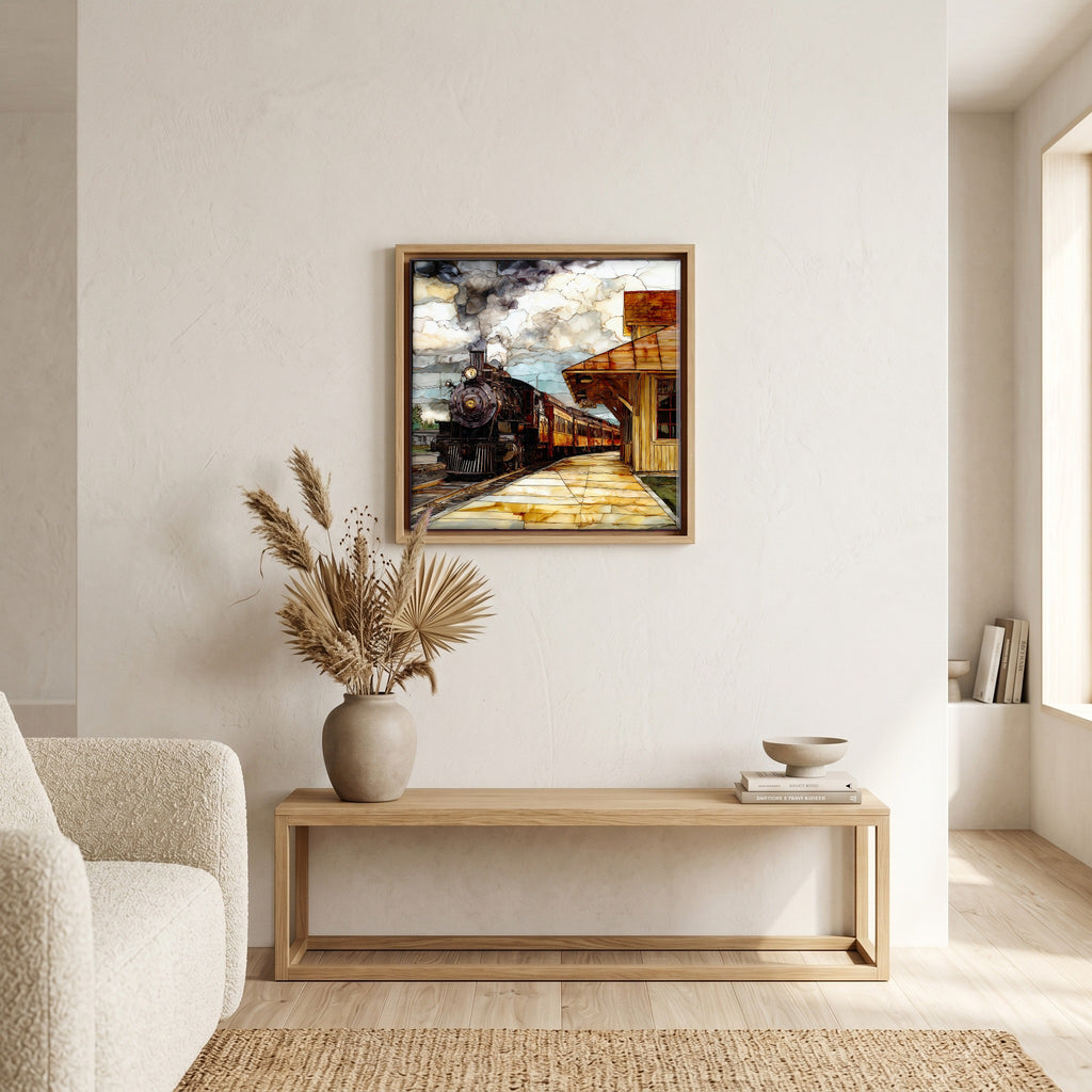 In the living room, above the sofa.