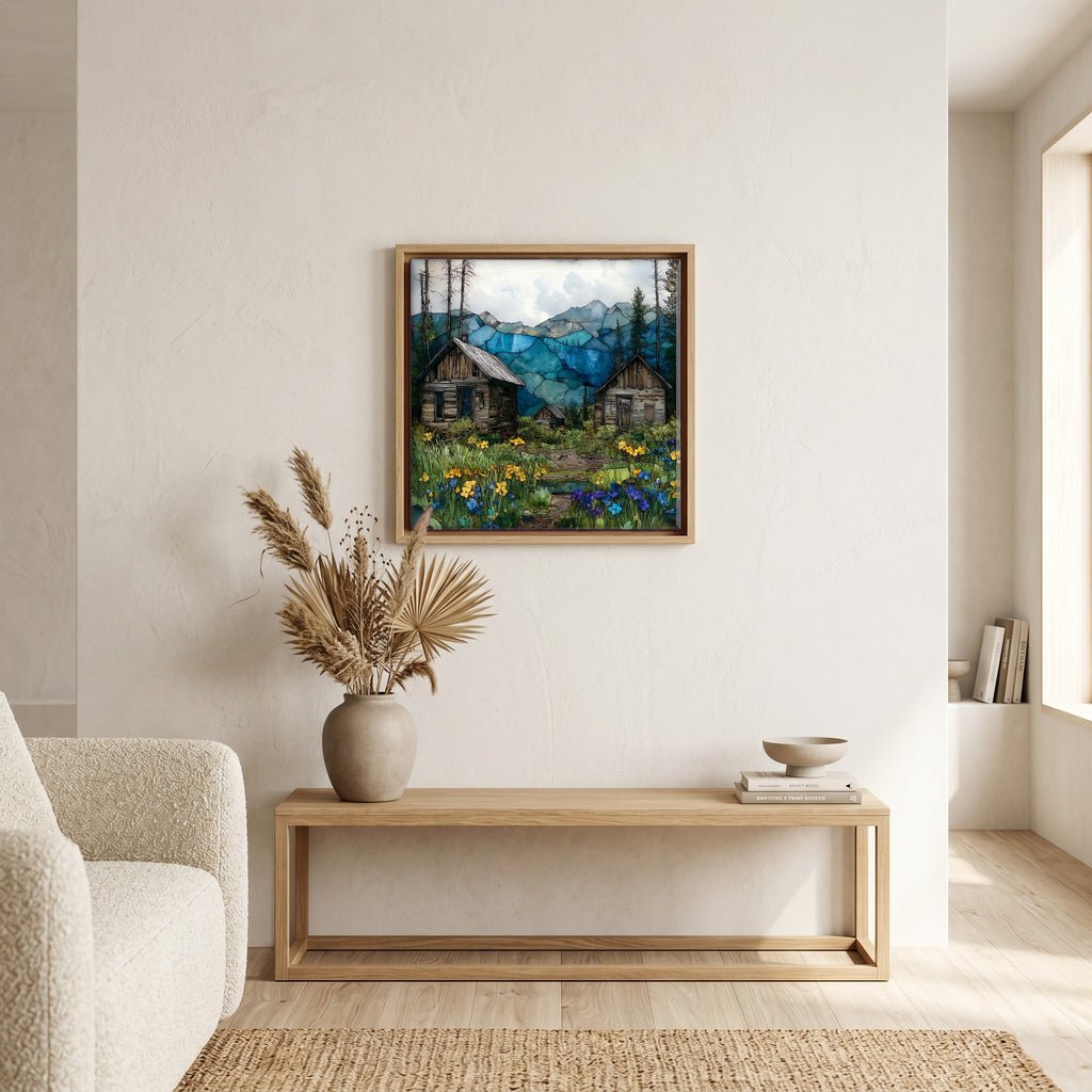 In the living room, above the sofa.