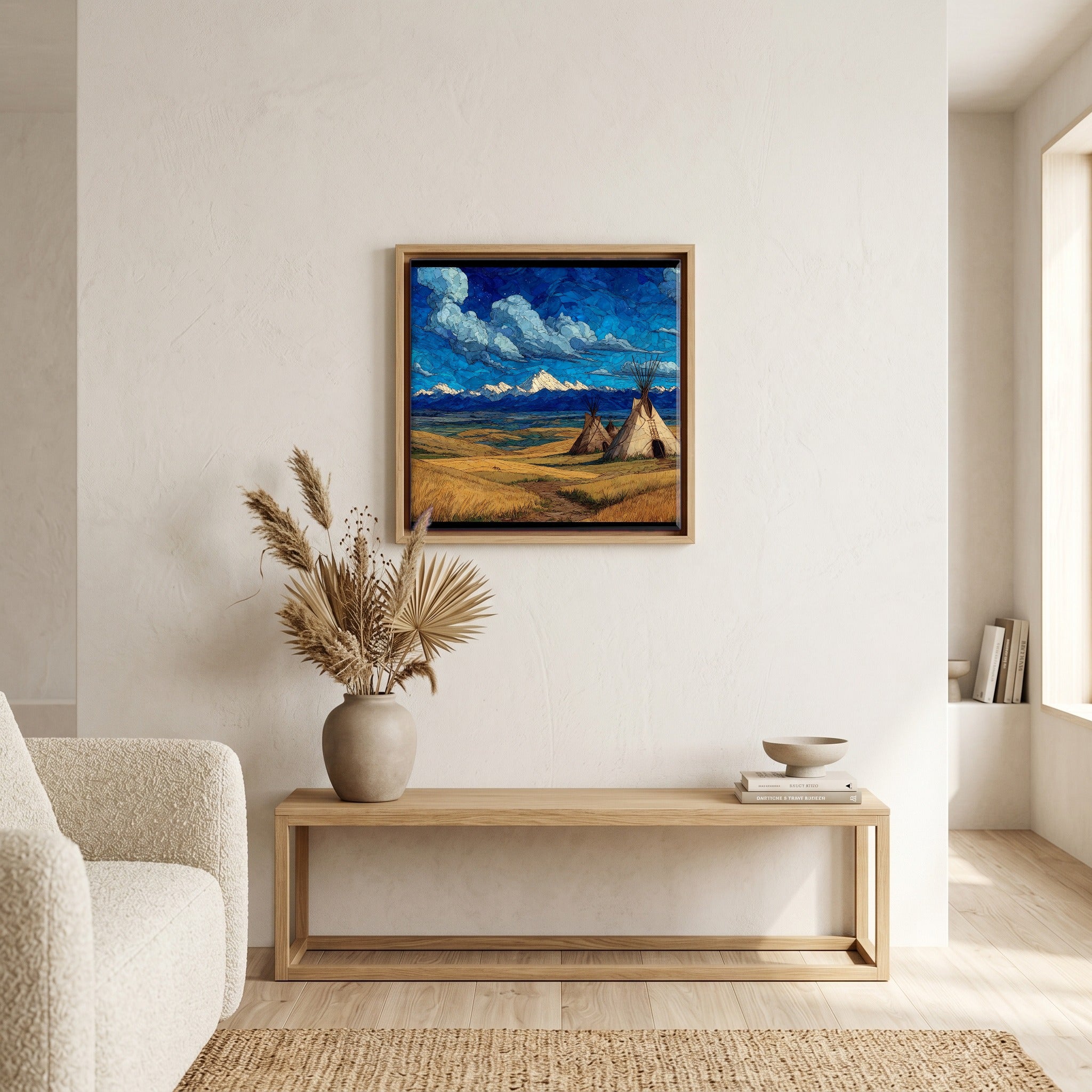 In the living room, above the sofa.