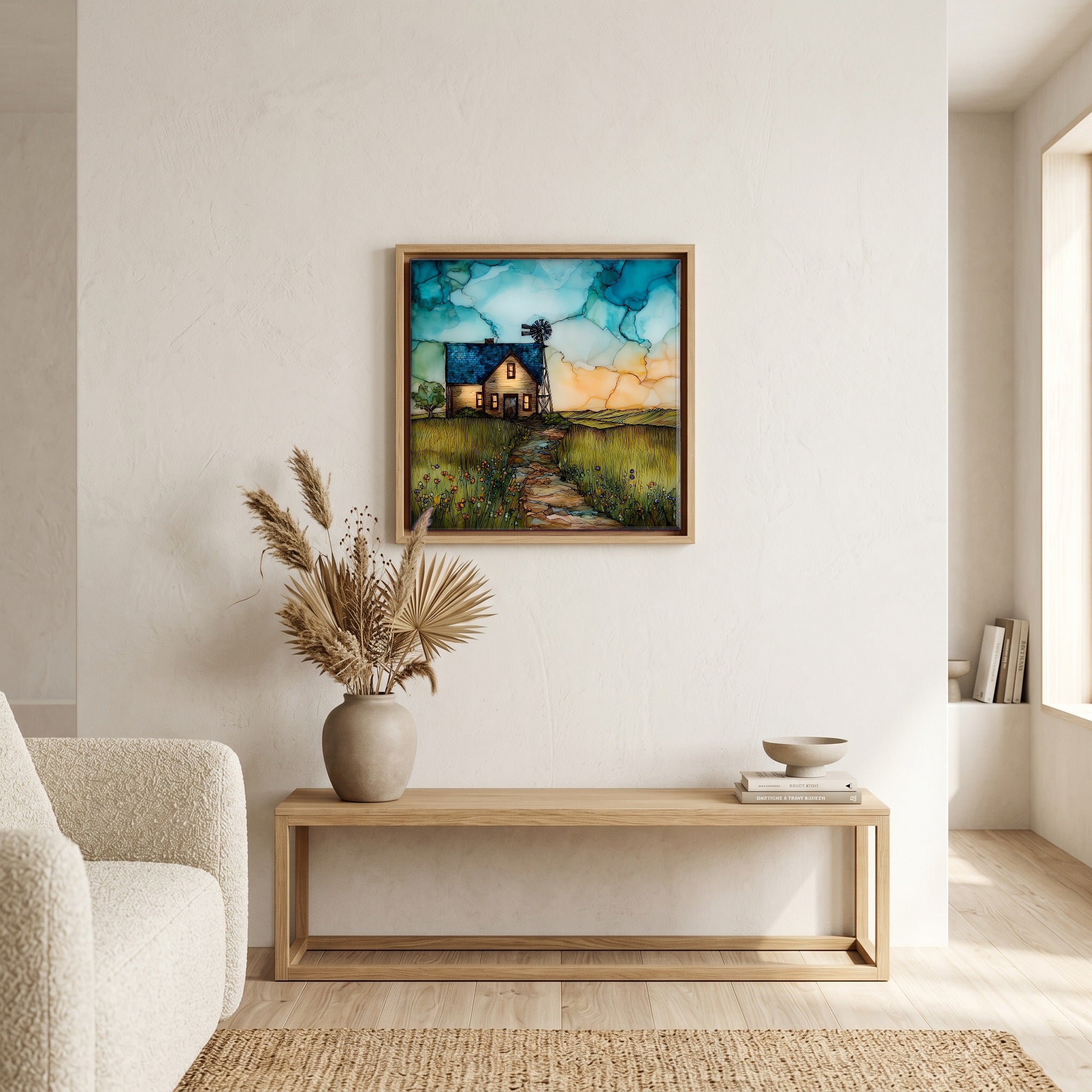 In the living room, above the sofa.