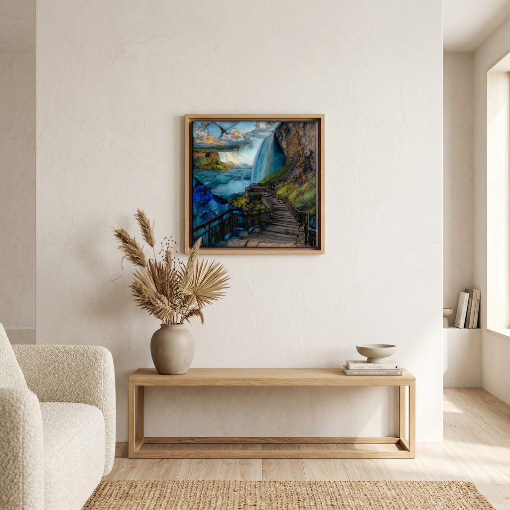 In the living room, above the sofa.