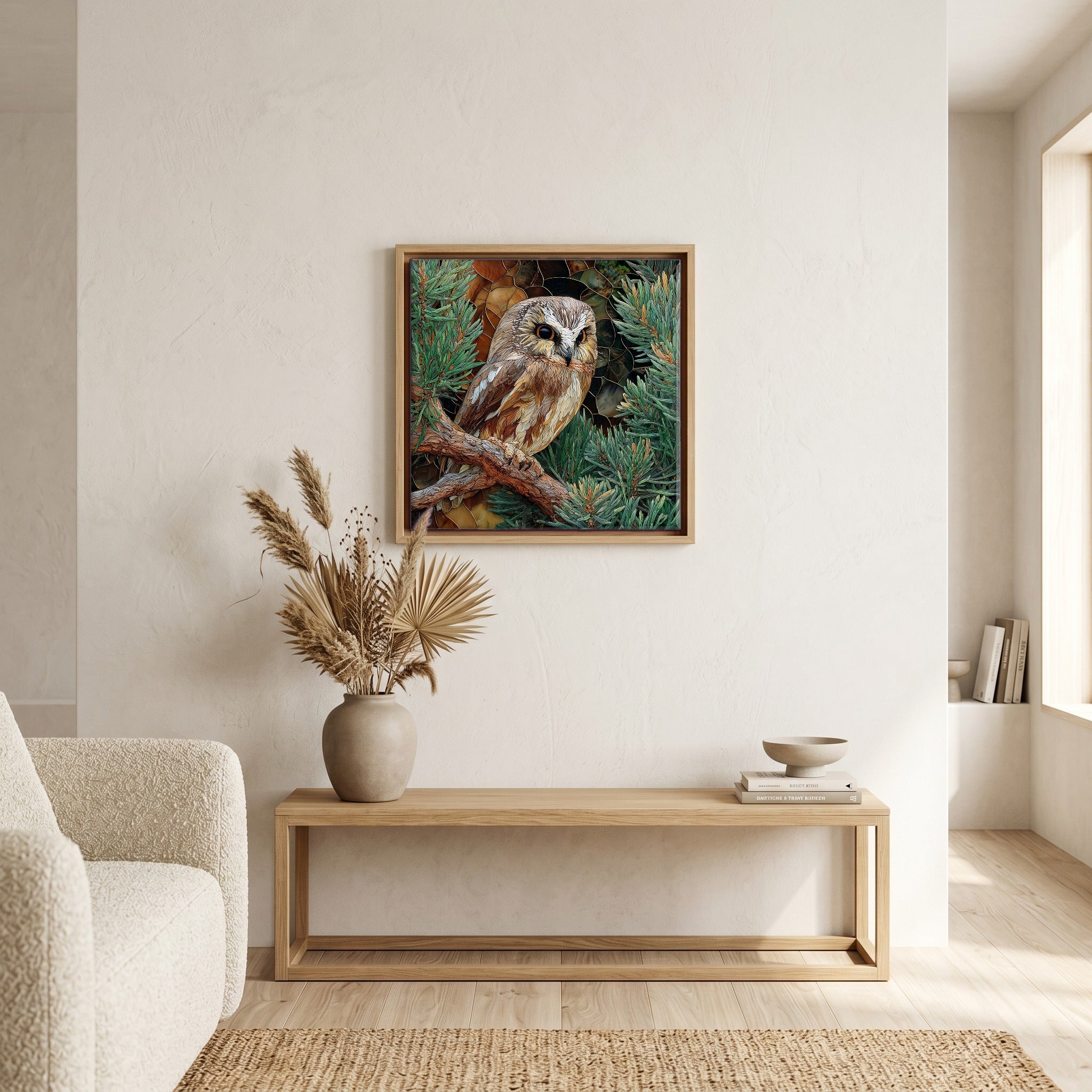 In the living room, above the sofa.