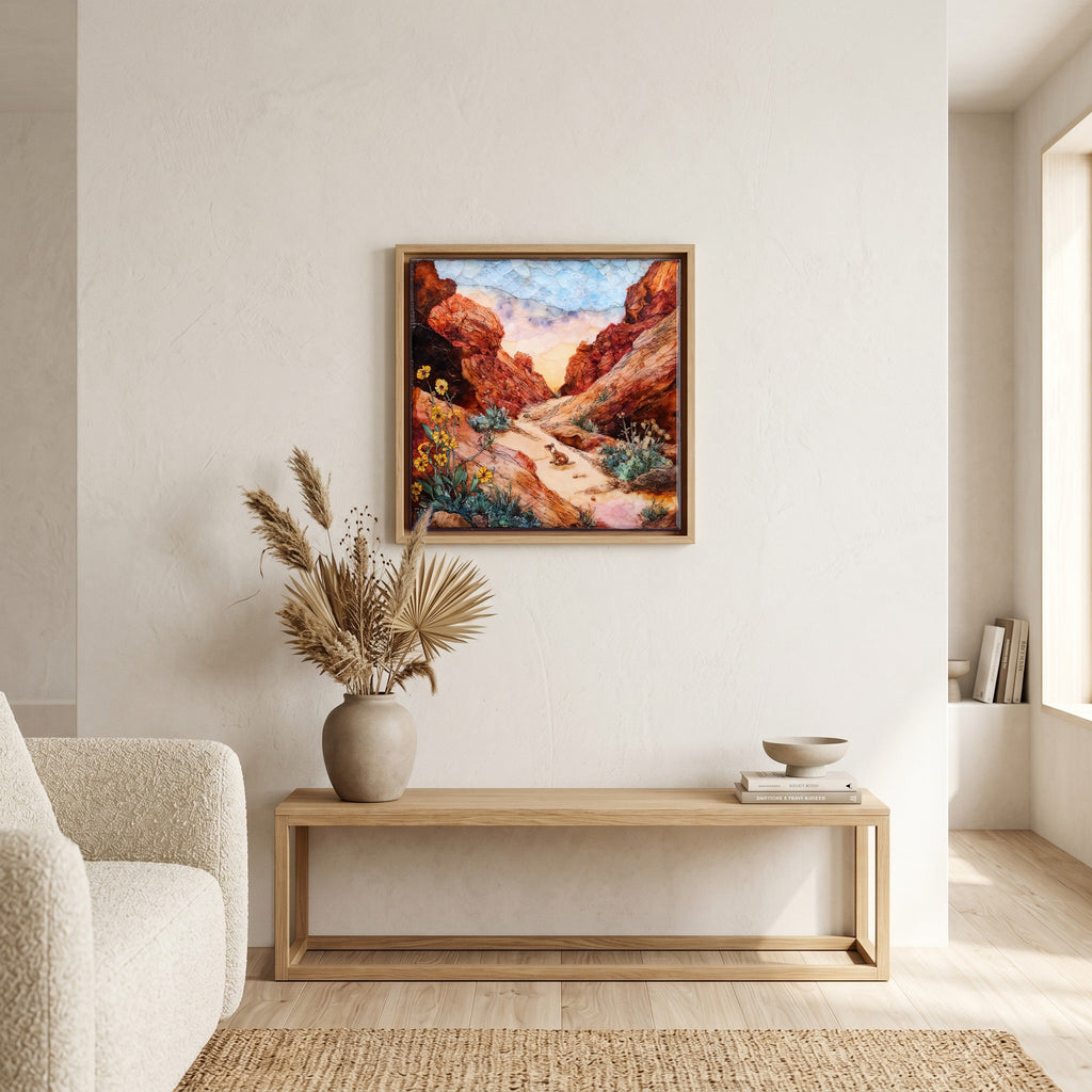 In the living room, above the sofa.