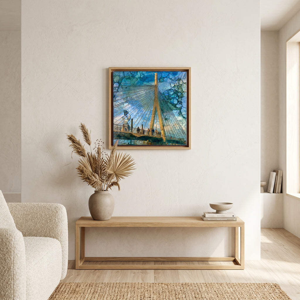 In the living room, above the sofa.