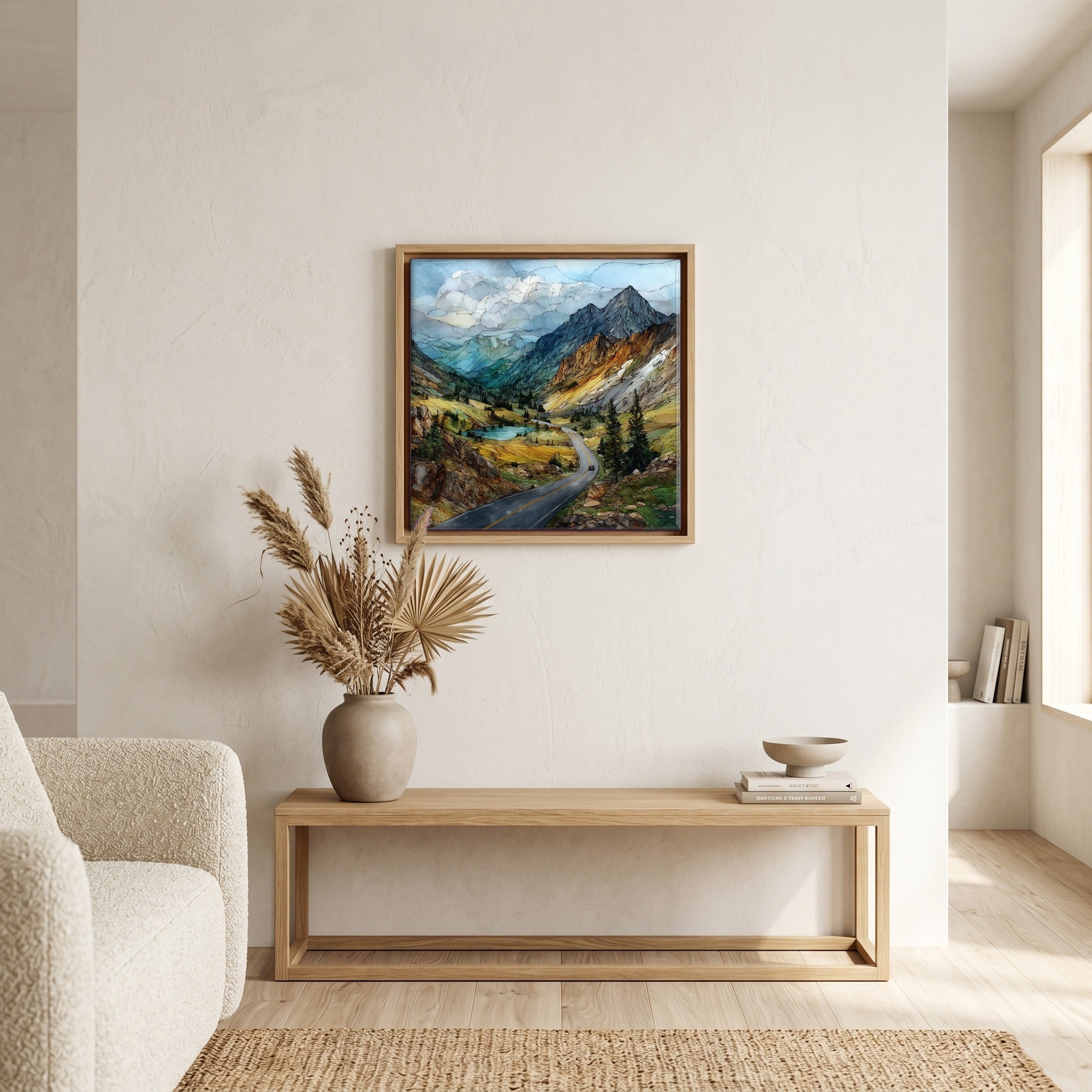 In the living room, above the sofa.