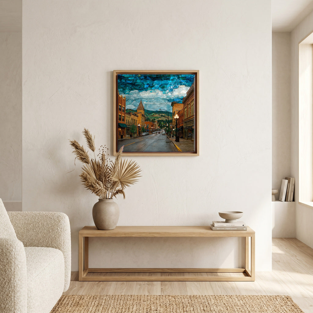 In the living room, above the sofa.