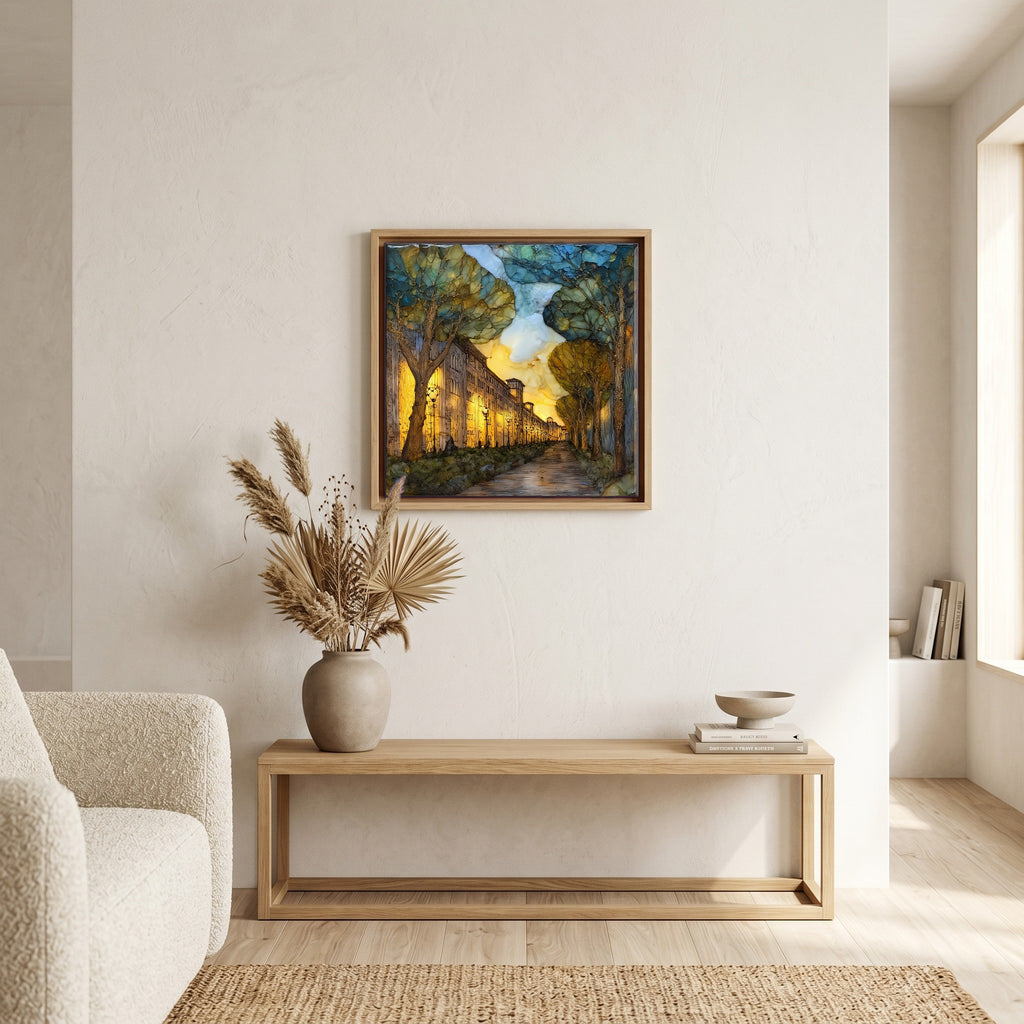 Above the bench, in a warm oak surround.