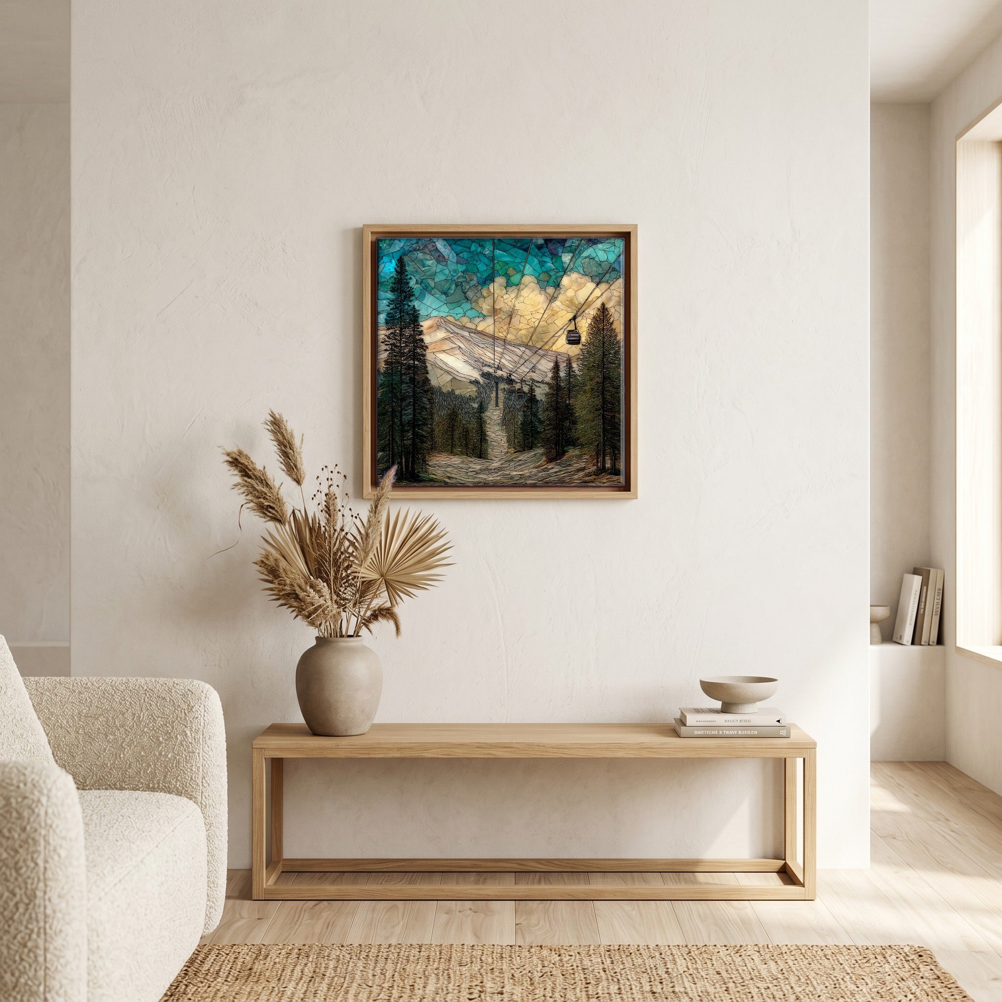 In the living room, above the sofa.