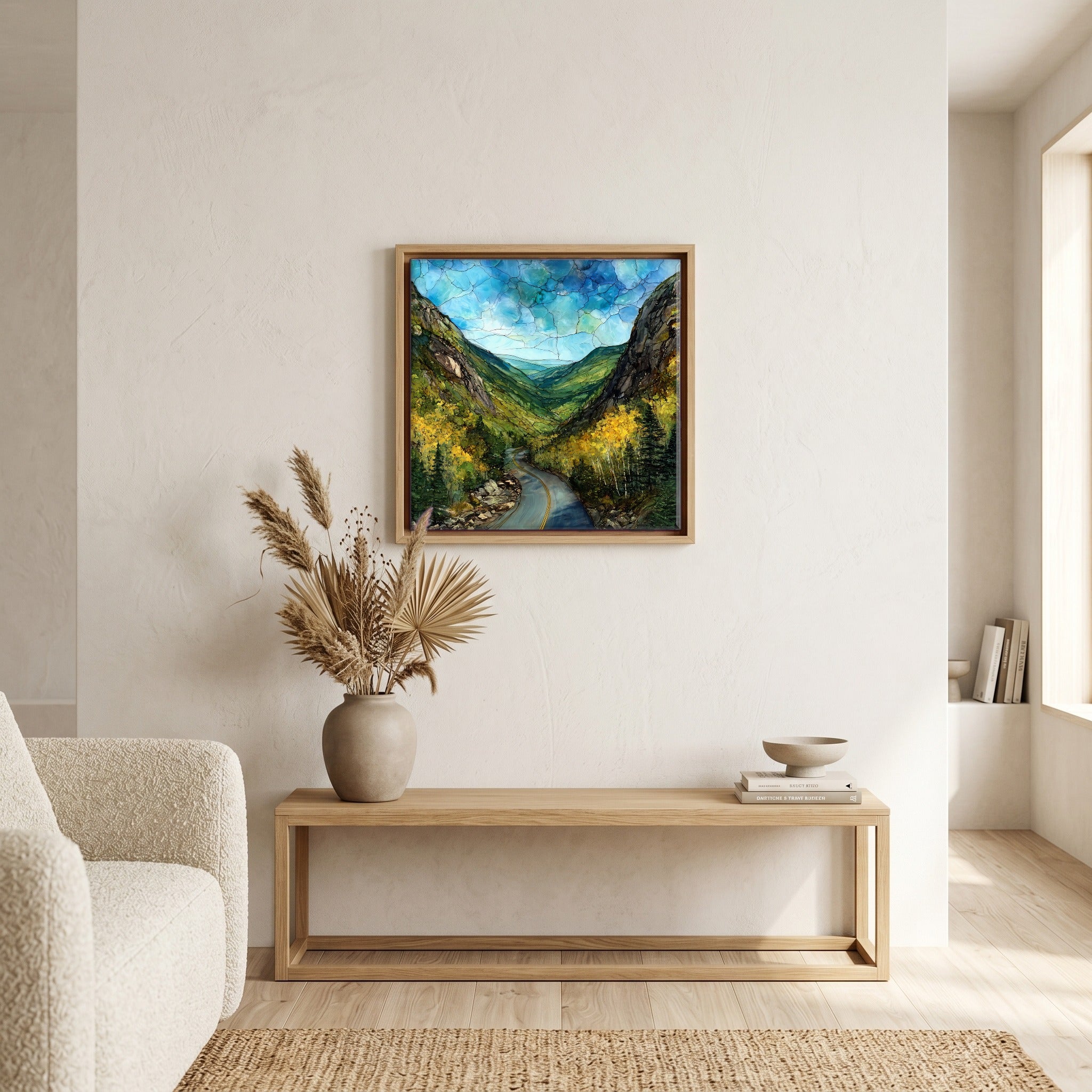 In the living room, above the sofa.