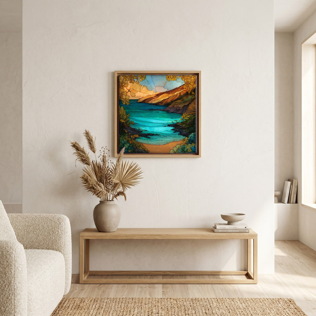 Above the bench, in a warm oak surround.