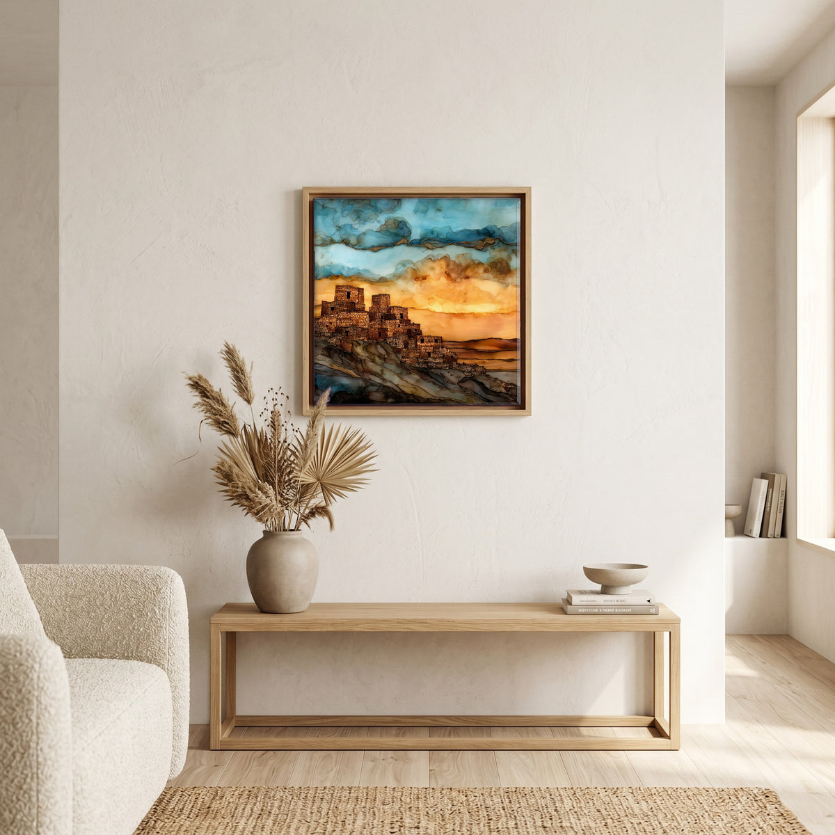 In the living room, above the sofa.