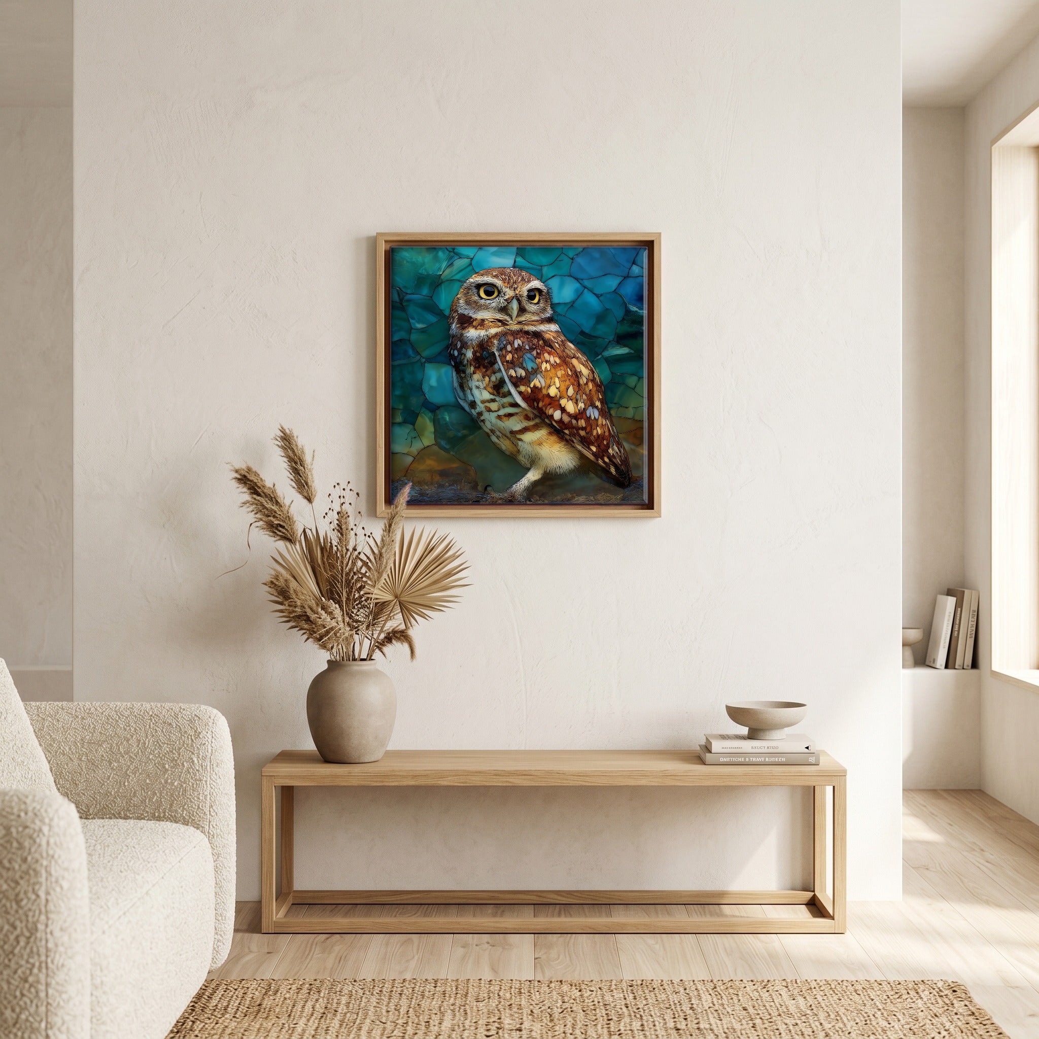 In the living room, above the sofa.