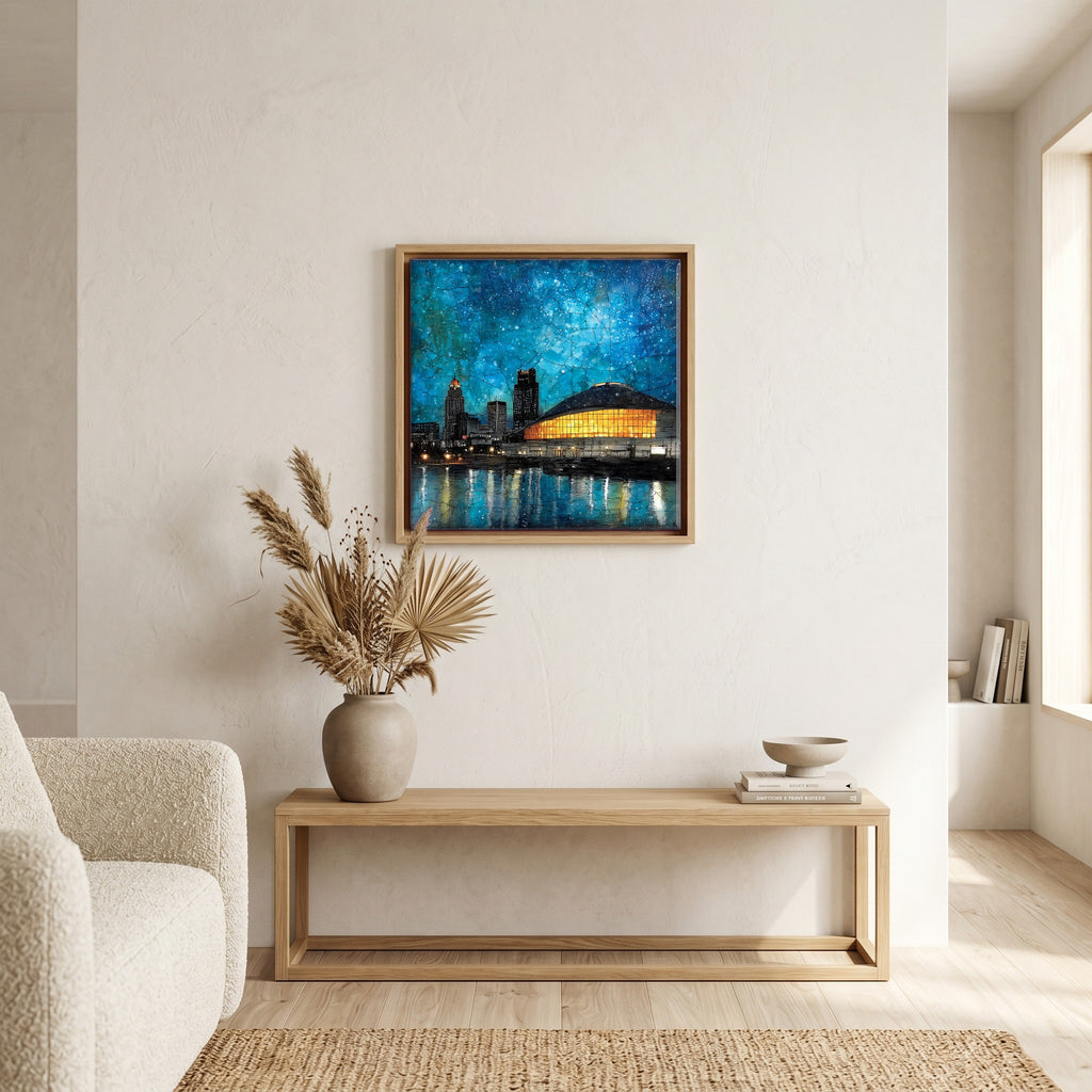 In the living room, above the sofa.