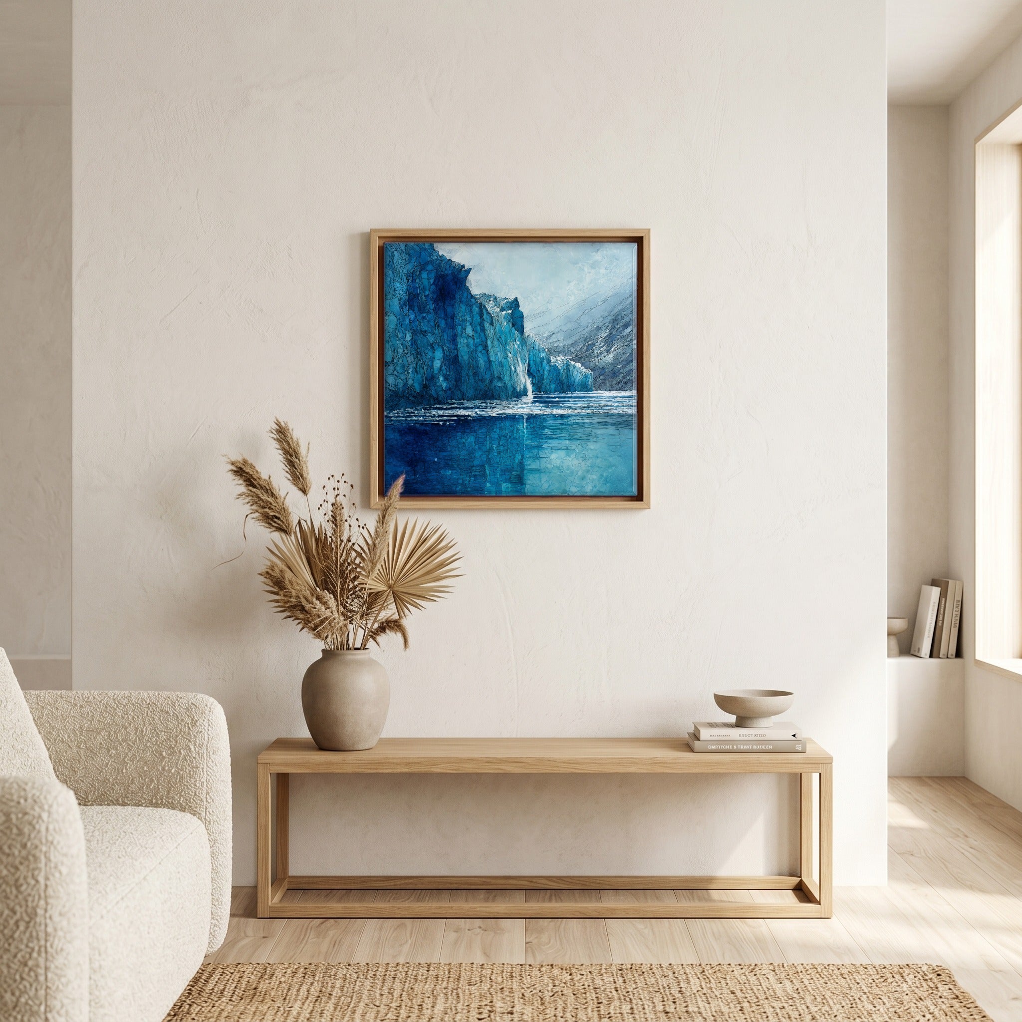 In the living room, above the sofa.