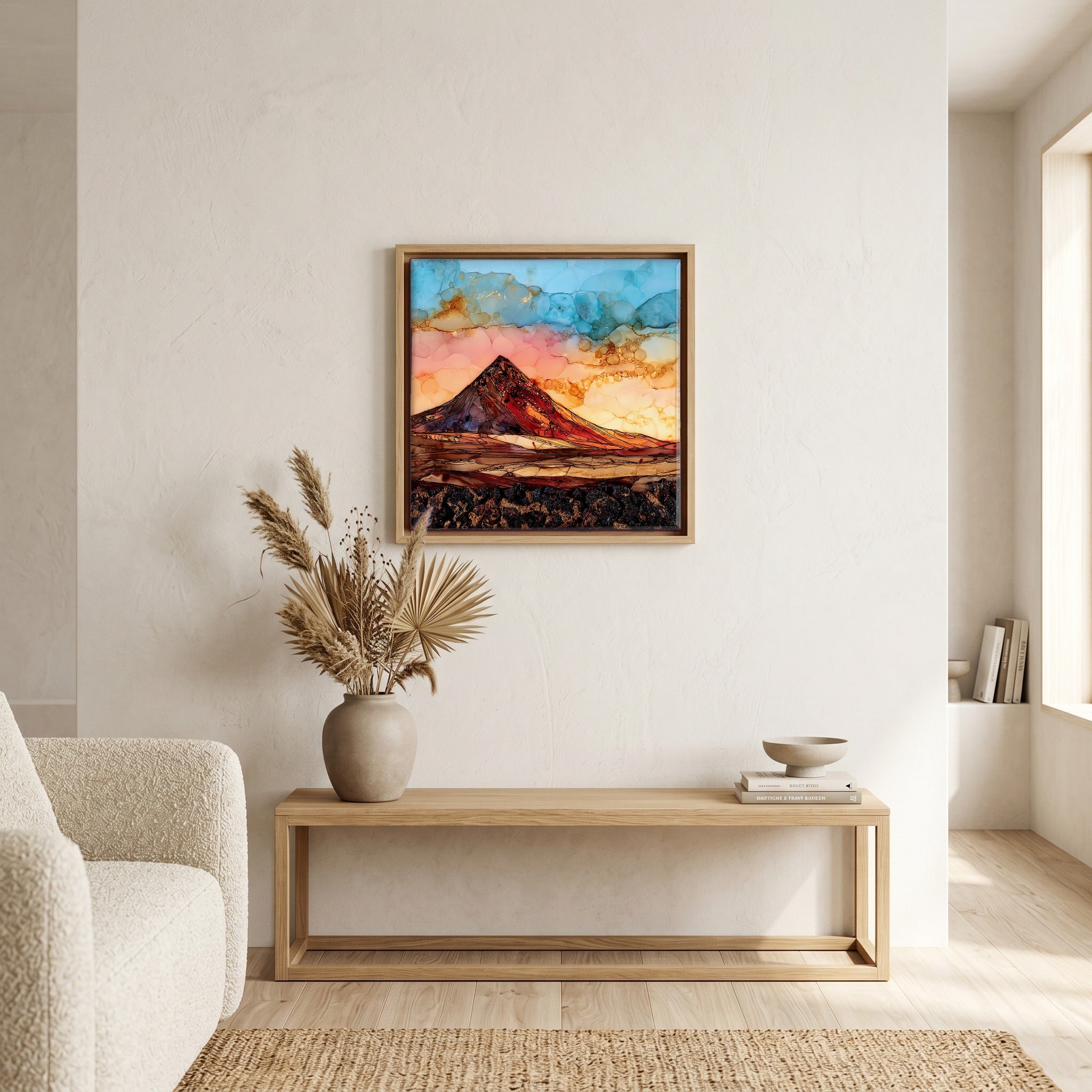 In the living room, above the sofa.