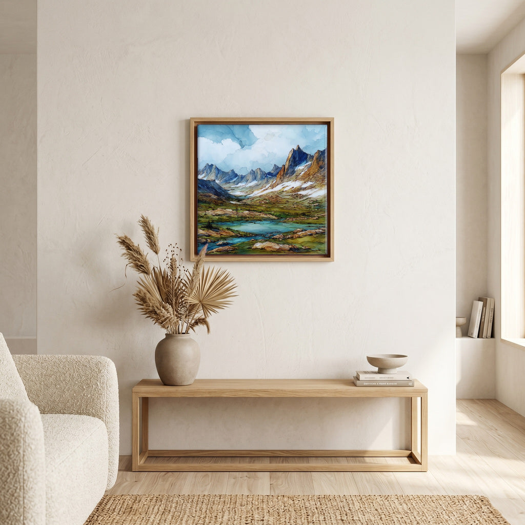 In the living room, above the sofa.