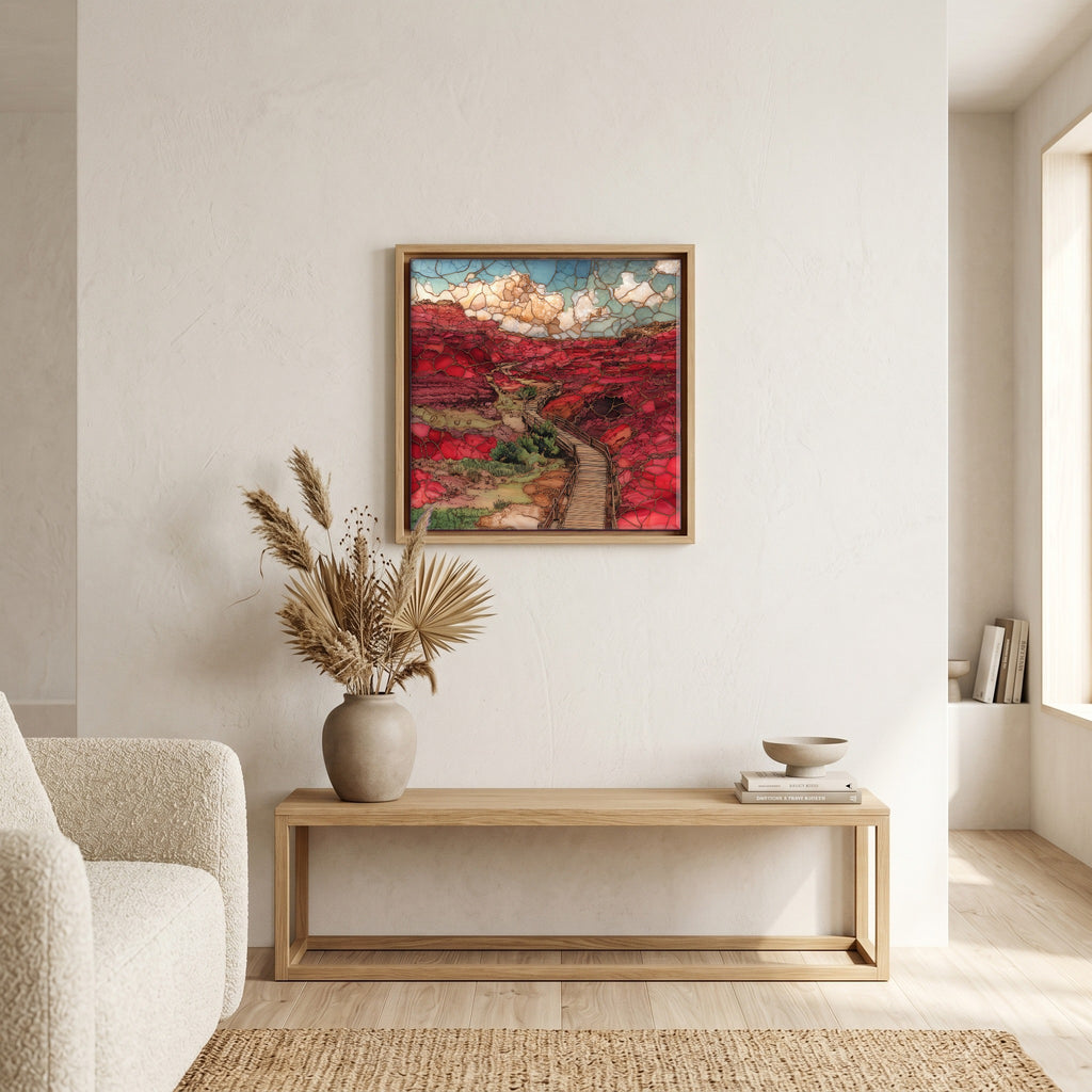 In the living room, above the sofa.