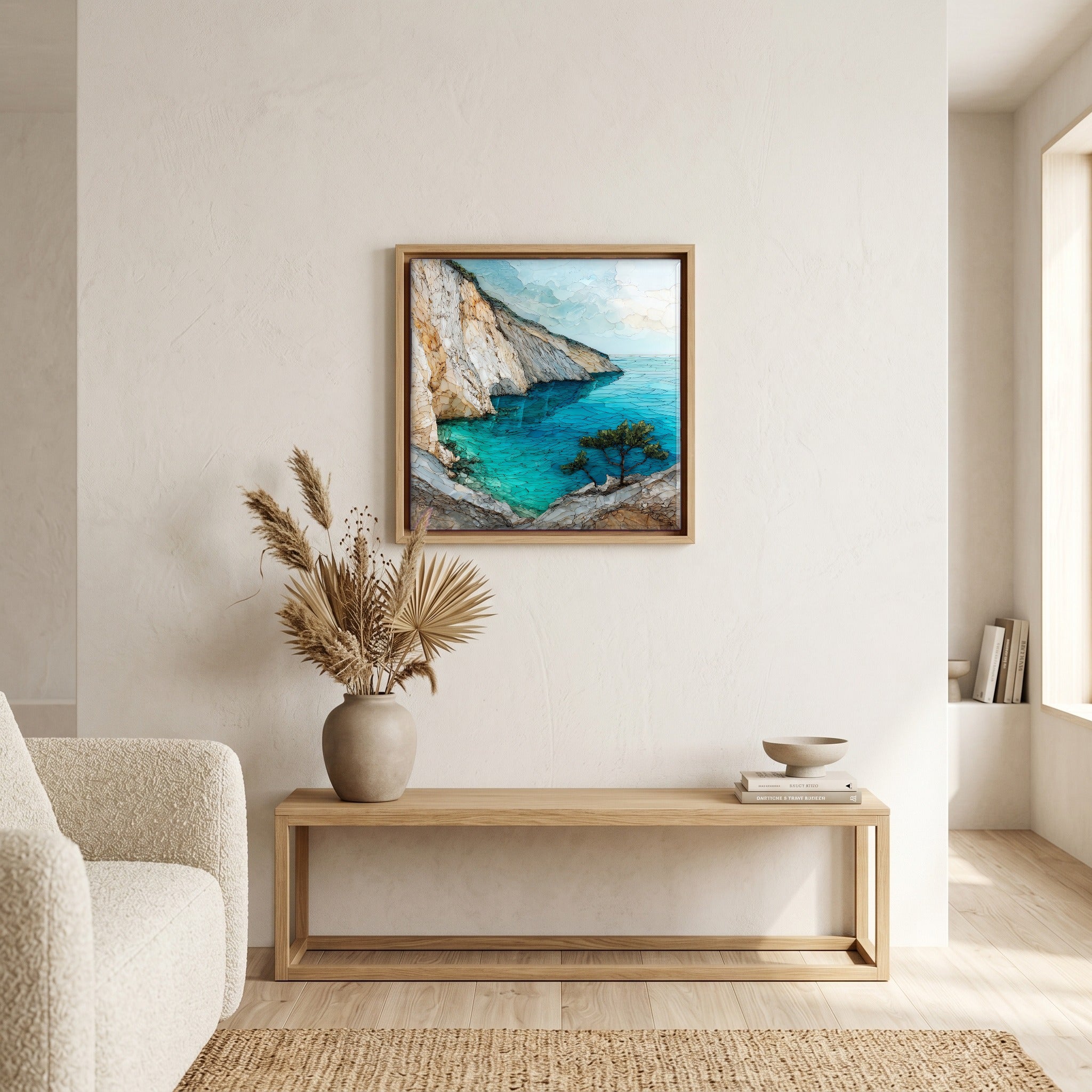 In the living room, above the sofa.