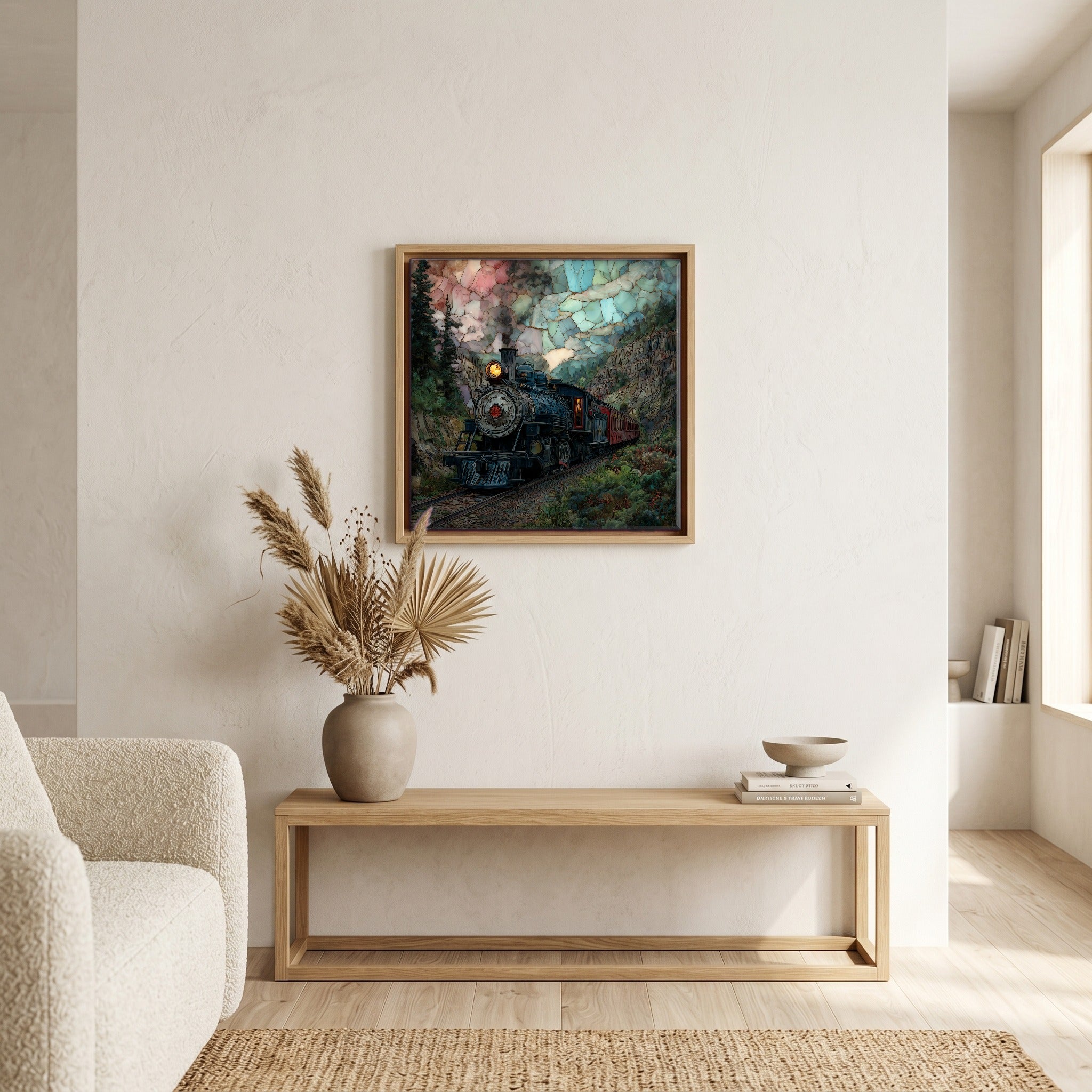 In the living room, above the sofa.