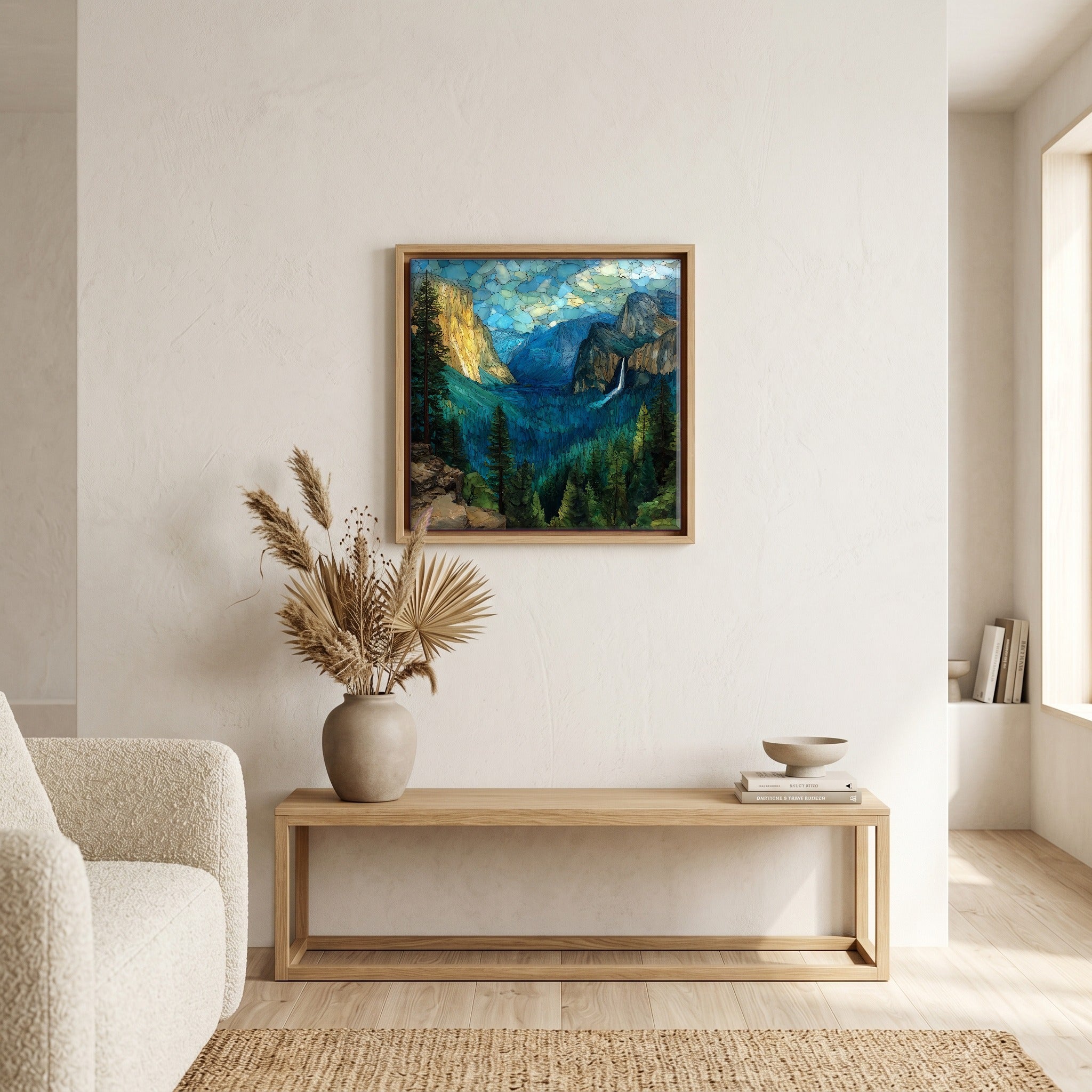 In the living room, above the sofa.