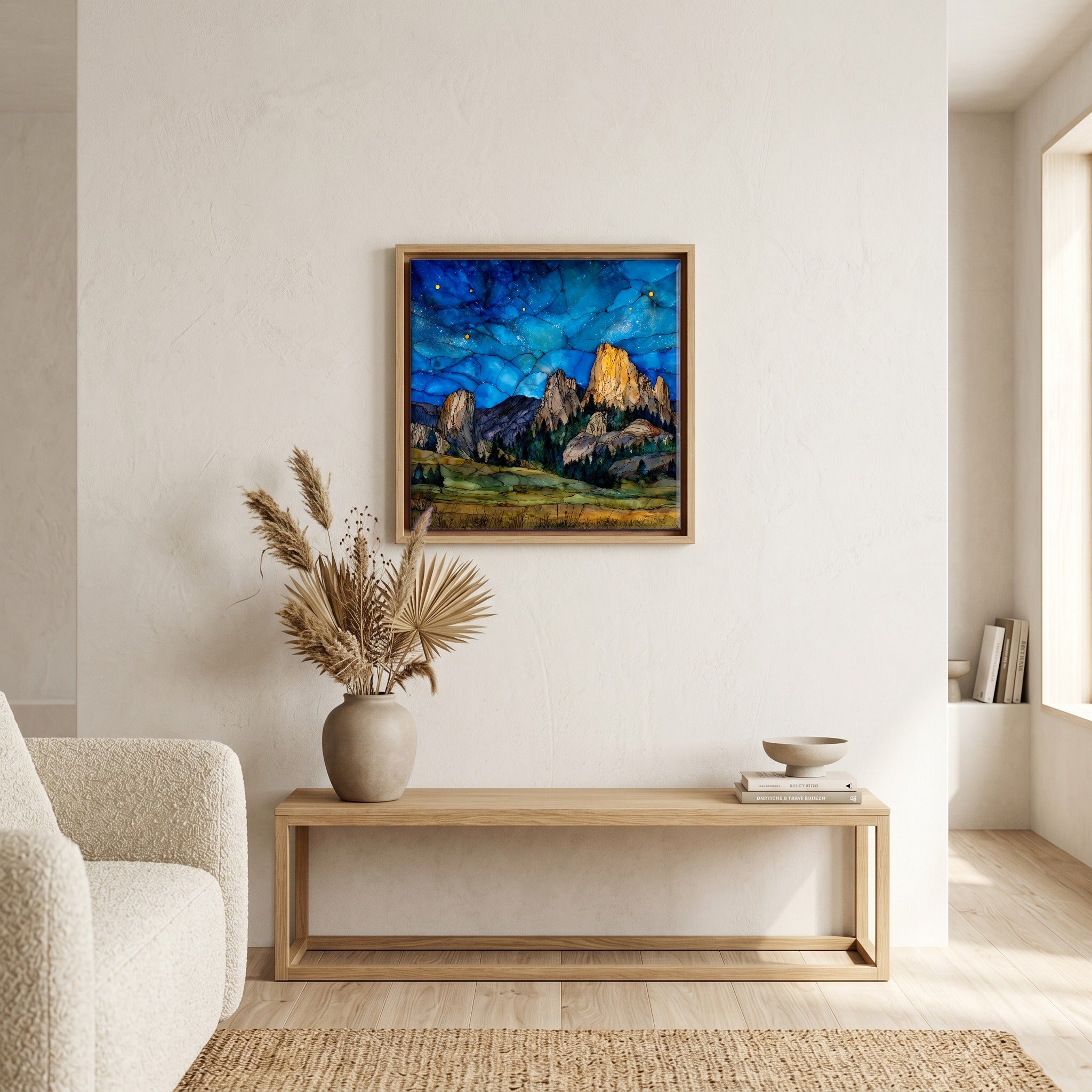 In the living room, above the sofa.