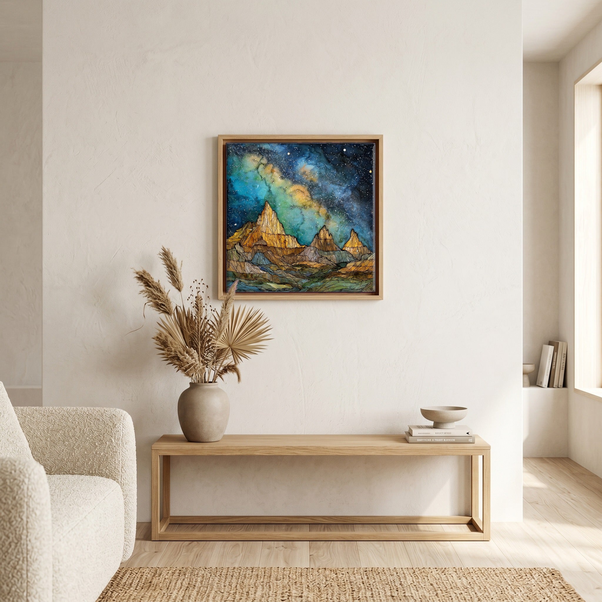 In the living room, above the sofa.