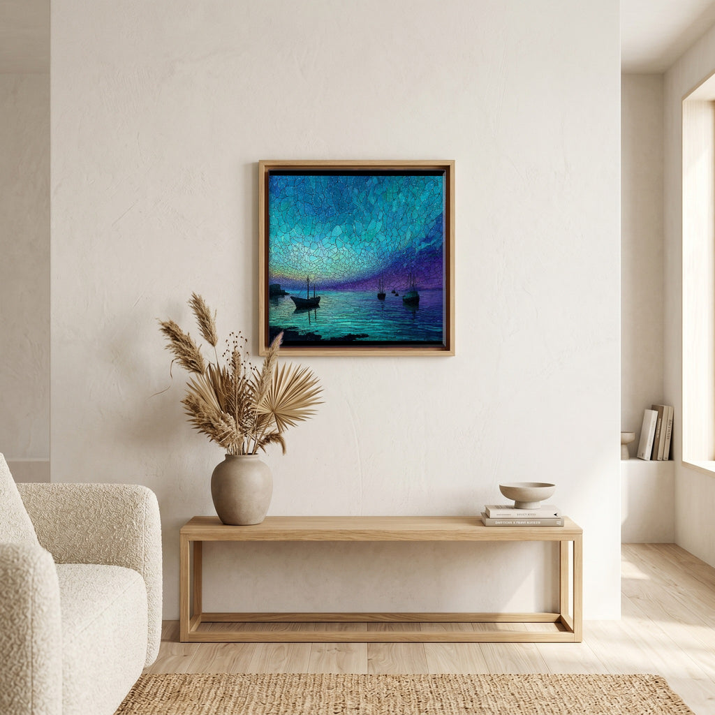 In the living room, above the sofa.