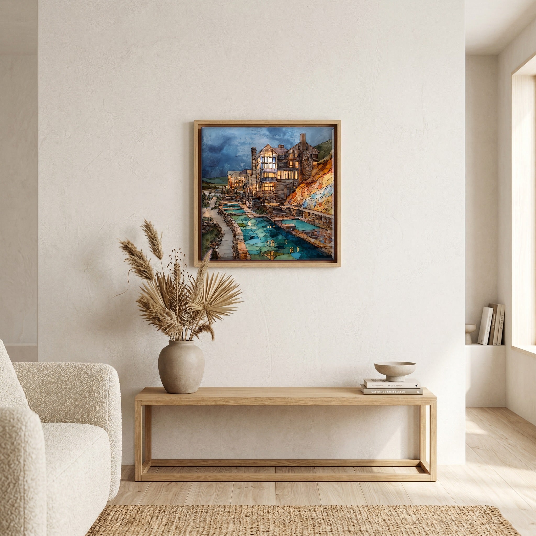 In the living room, above the sofa.