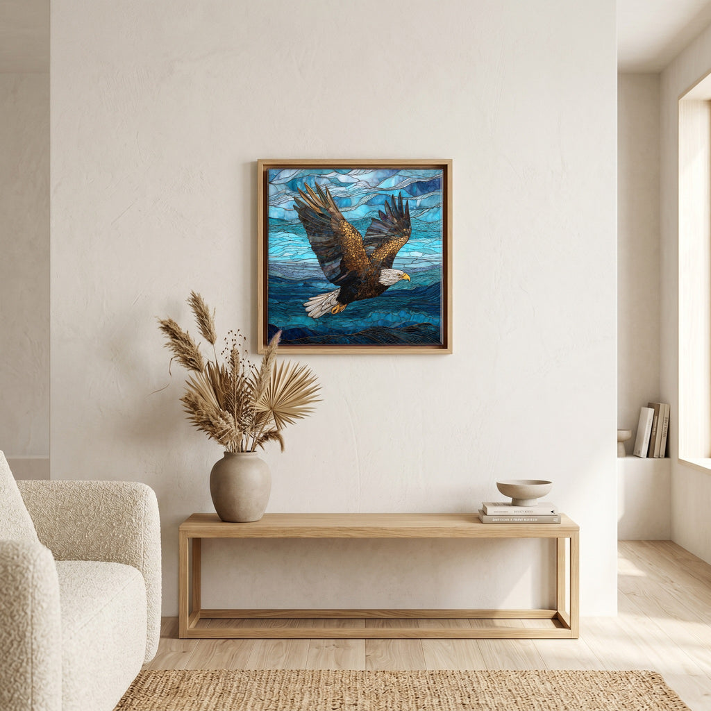 In the living room, above the sofa.