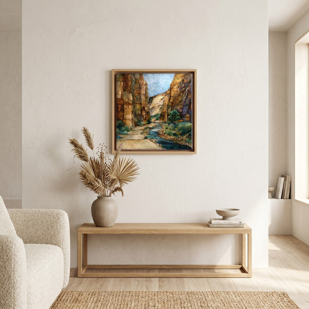 In the living room, above the sofa.