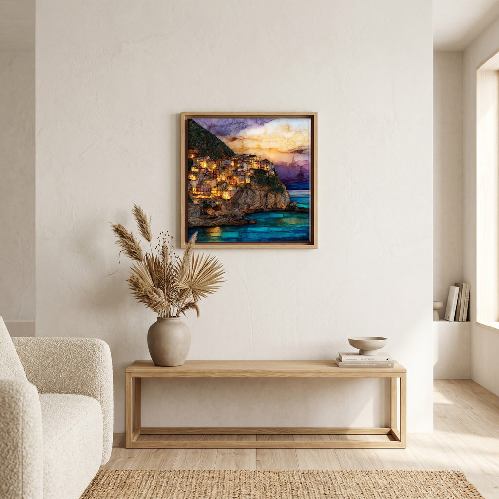 Above the bench, in a warm oak surround.