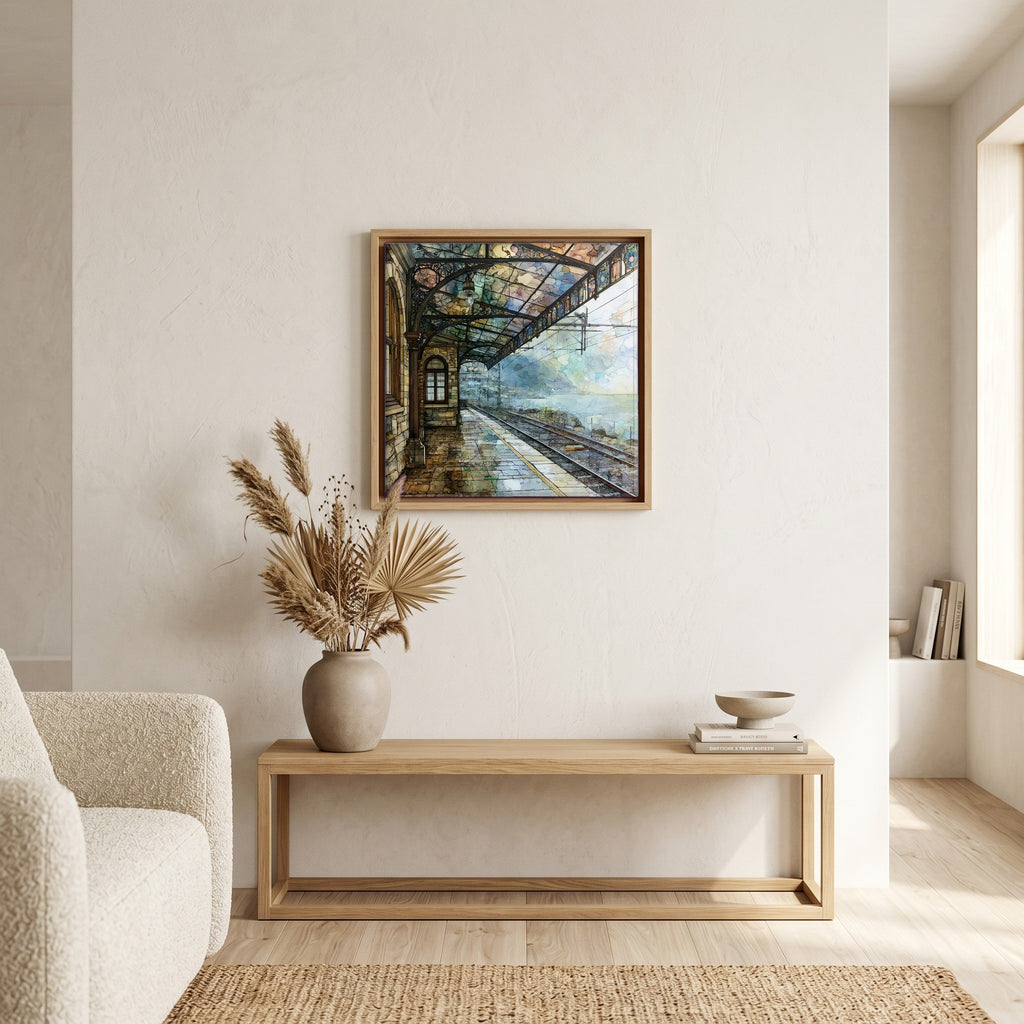 In the living room, above the sofa.