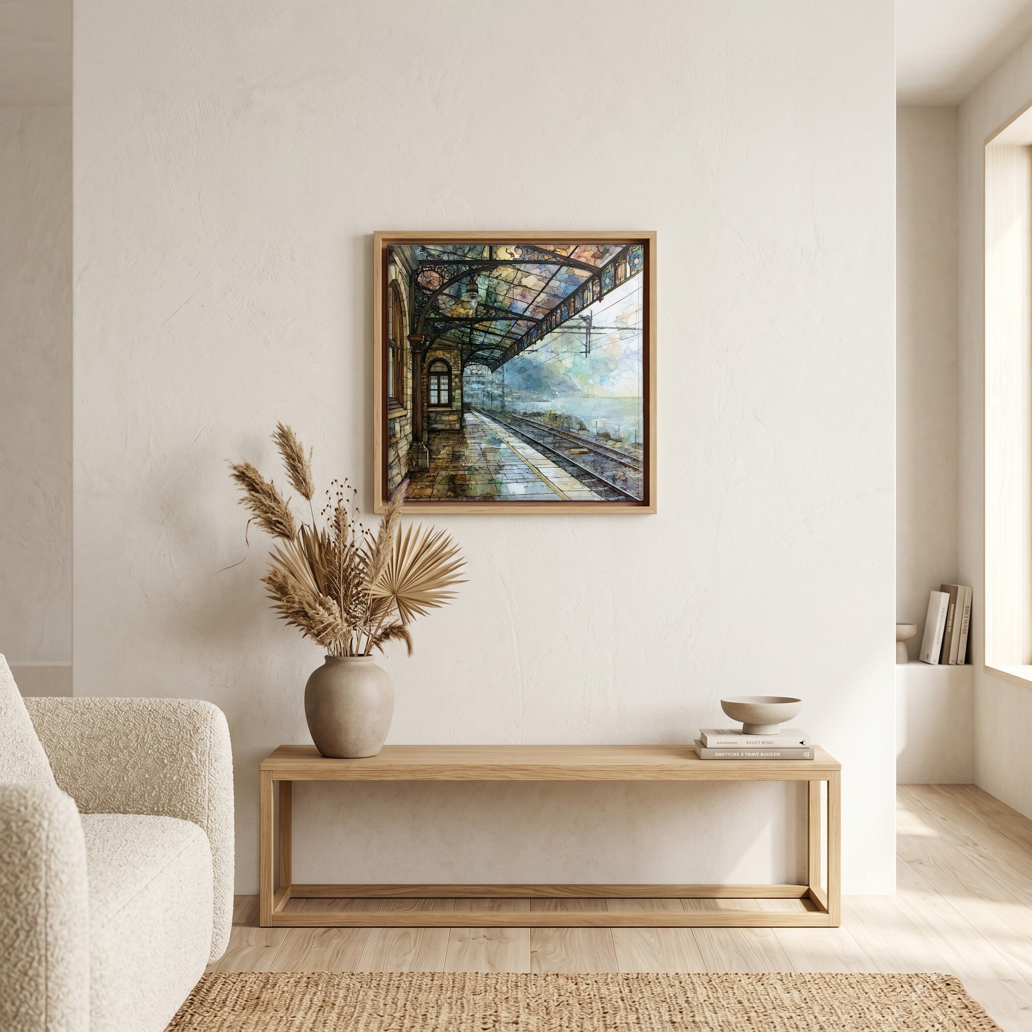 In the living room, above the sofa.