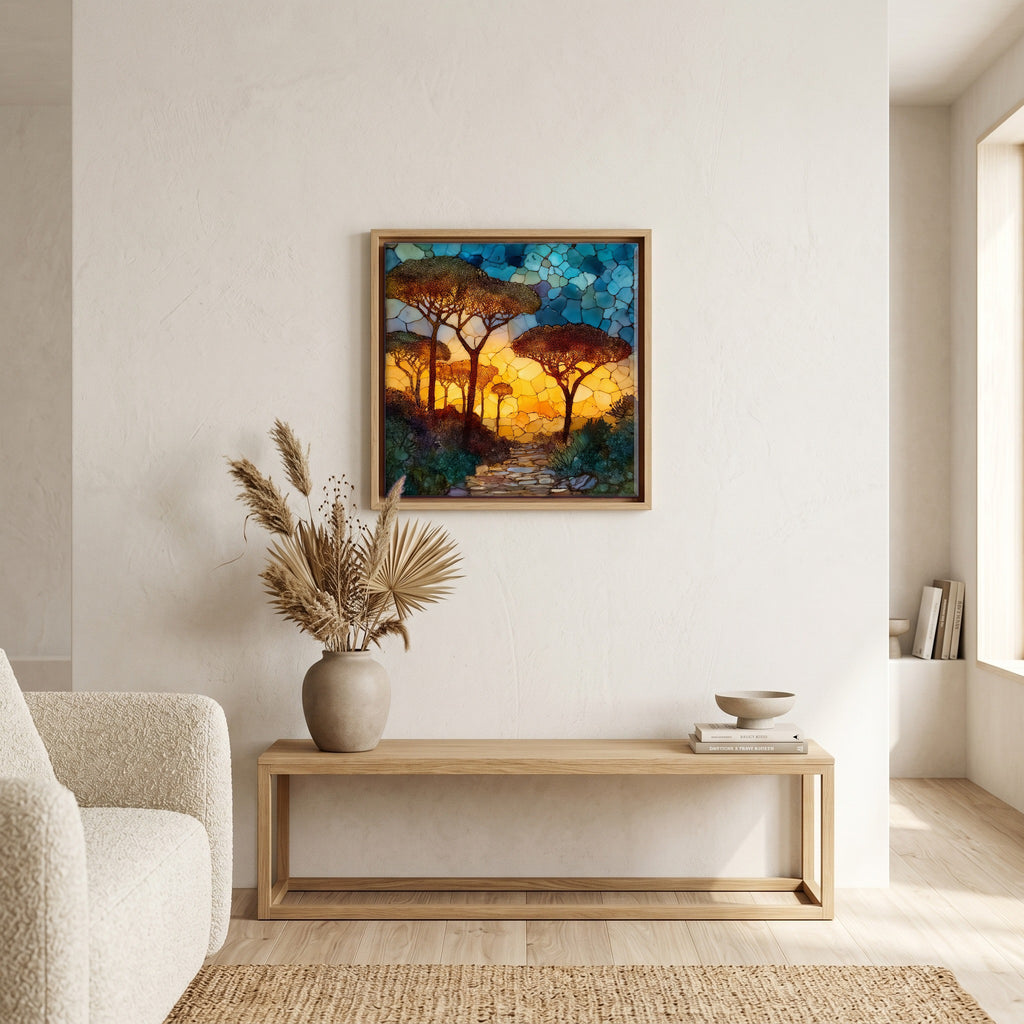 Above the bench, in a warm oak surround.