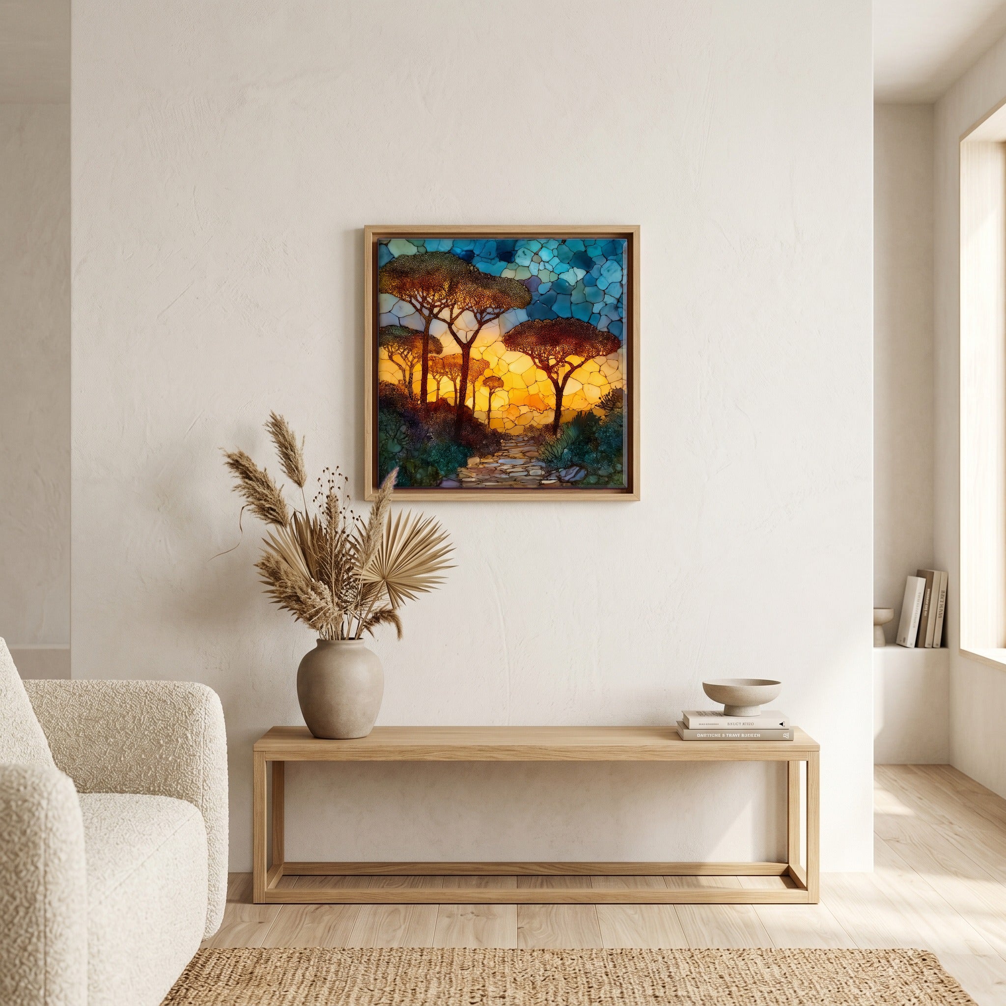 Above the bench, in a warm oak surround.